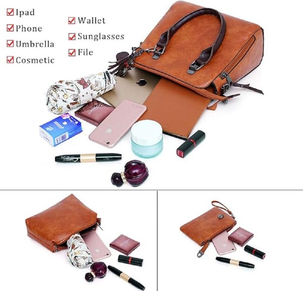 AURIVION Handtasche Damen Handtaschen Set Schwarz, Grün, Rot, Orange Shopper Tasche (Set, 4-tlg., Damen Shopper Tasche Set Geschenk, stilvoll & vielseitig), Elegante Schultertasche Umhängetasche mit Geldbörse Set