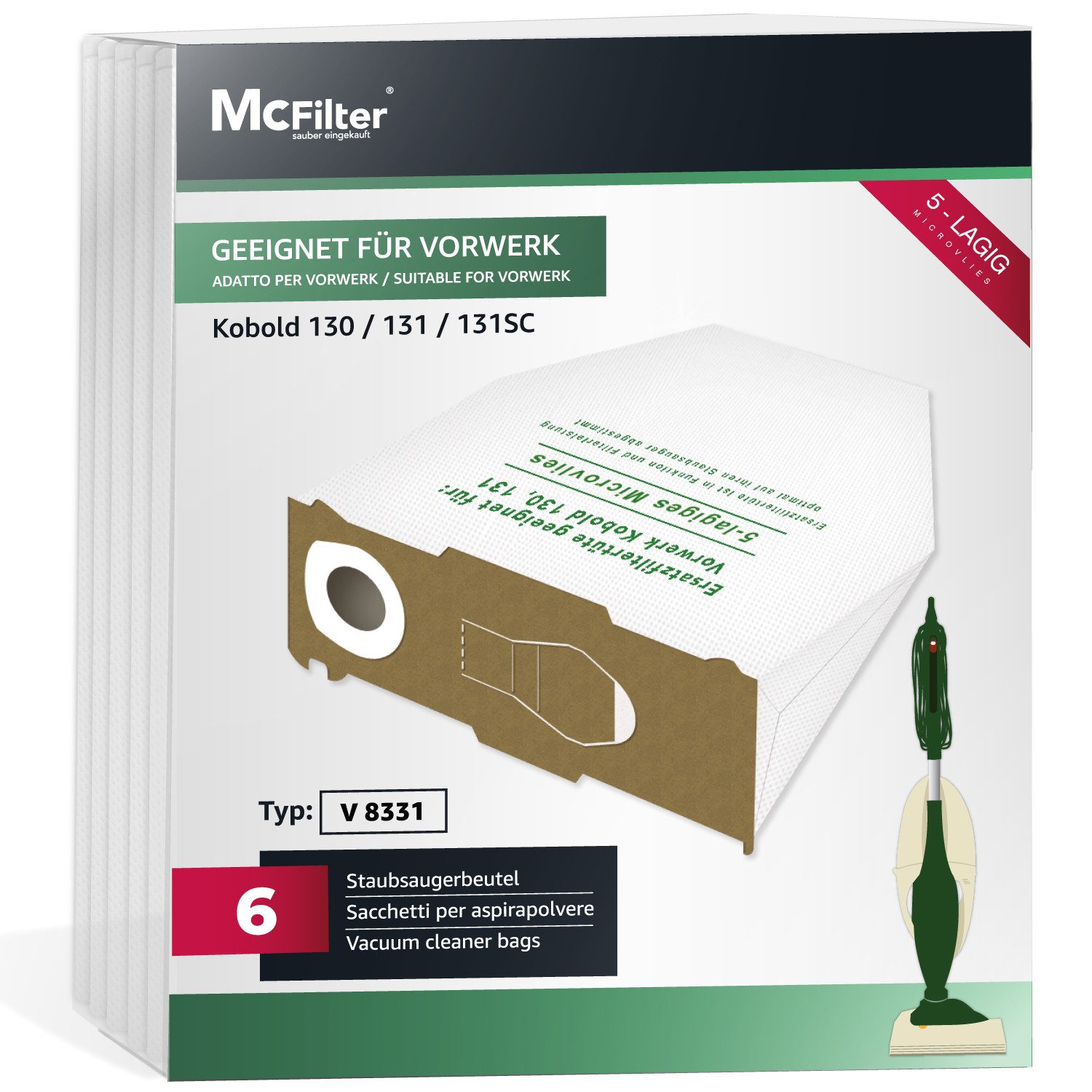 McFilter Staubsaugerbeutel (6 Stück), passend für Vorwerk Kobold VK 130, VK 131 SC, 6 St., mehrlagig, Pappdeckscheibe, inkl. Staubverschluss