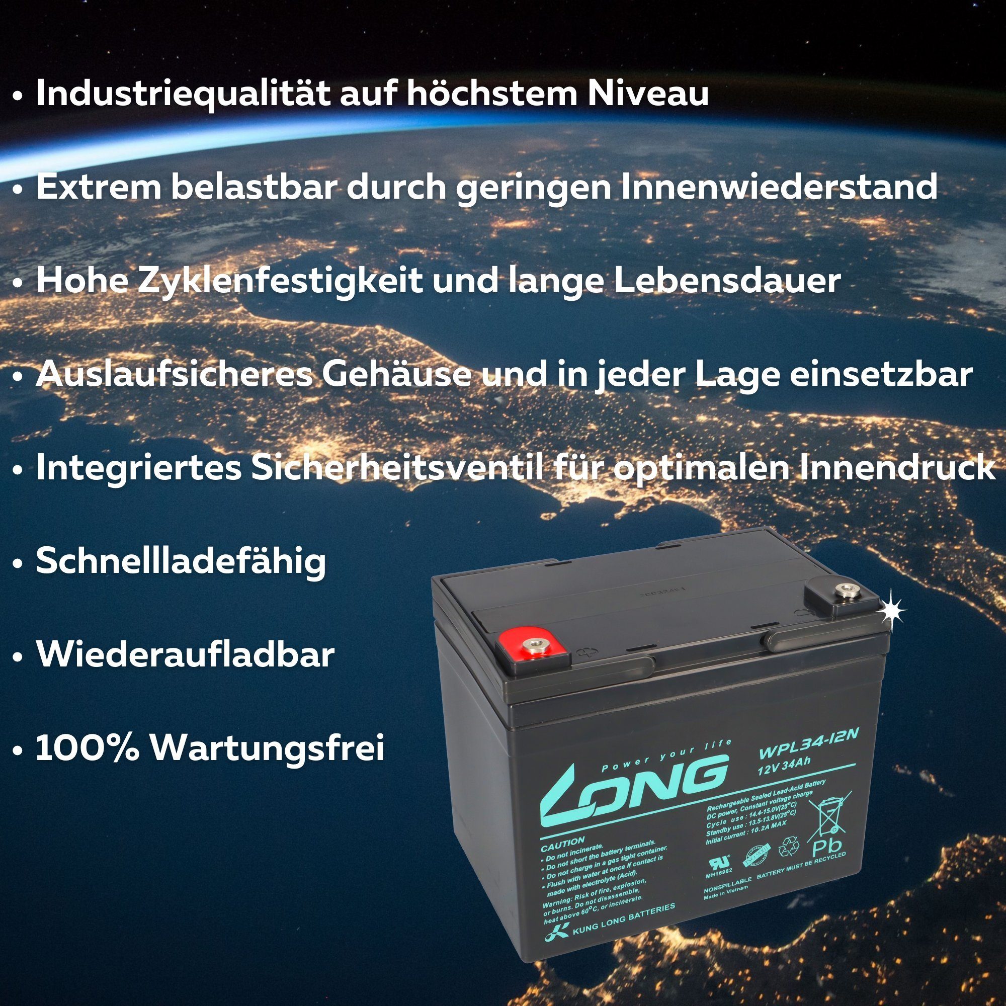 Kung Long Kung Long Akku 12V 34Ah Pb Batterie Bleigel WPL34-12N Longlife Bleiakkus