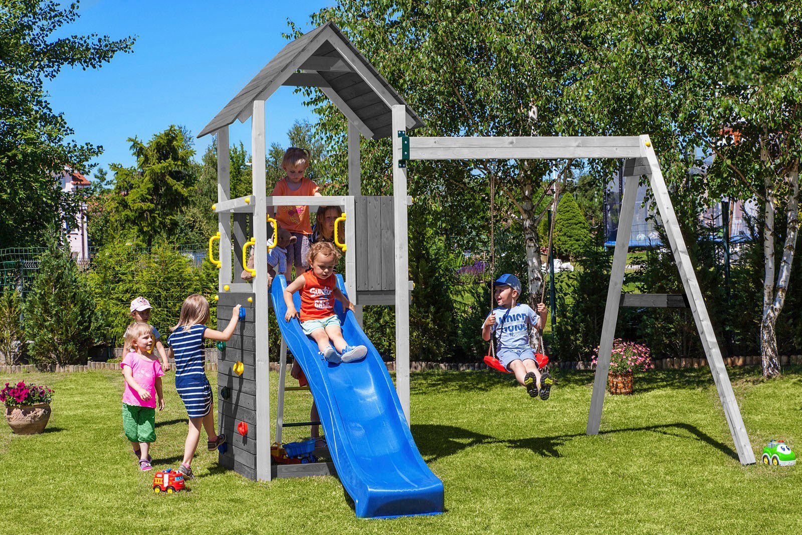 FUNGOO Spielturm CAROL2 Grey White, mit Schaukel & Rutsche, Kletterwand