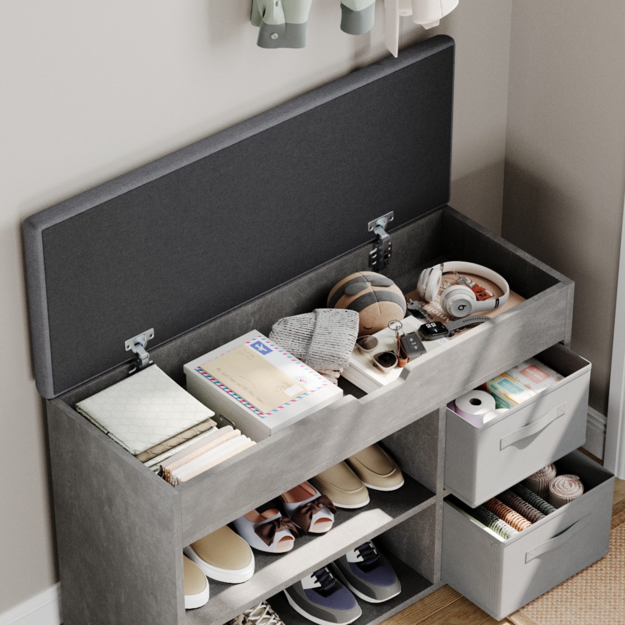 Mondeer Schuhbank Schuhhocker (80 x 48 x 30 cm), Holzschuhablage mit Stoffschublade und aufklappbarem Sitzfläche – Bild 4 von 5