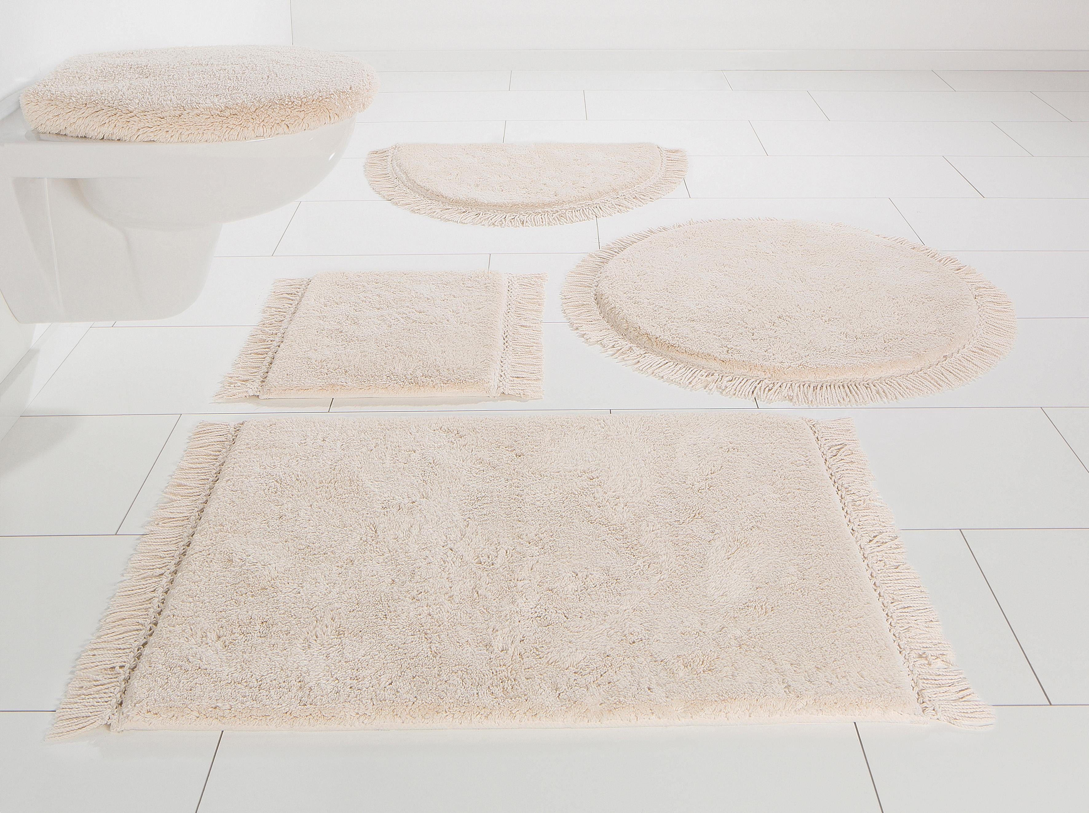 OTTO home Badematte Finca, Badvorleger, Badezimmer Teppich, Höhe 16 mm, rutschhemmend beschichtet, strapazierfähig, fußbodenheizungsgeeignet, Baumwolle (Bio-Baumwolle), halbrund, Fransen, Boho, Badteppich, Bio-Baumwolle, auch als 3 teiliges Set