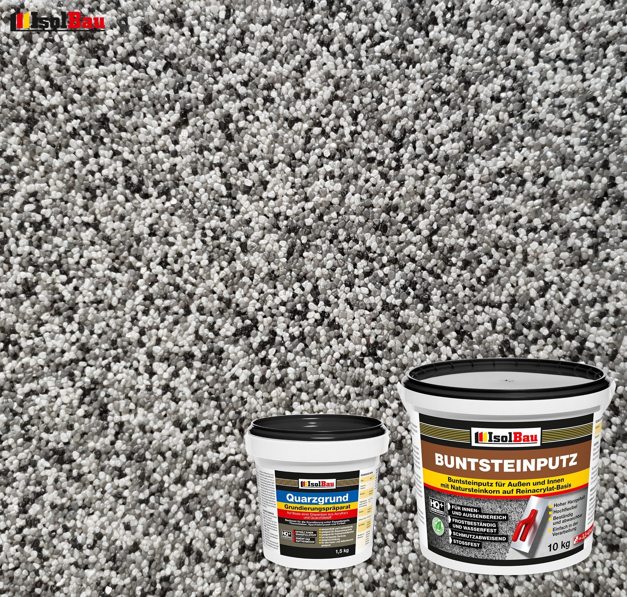 None Gipsputz Set Mosaikputz 10 kg Buntsteinputz BP20 Sockelputz + Quarzgrund 1,5 kg Körnung 1,8 mm; Trocknung 12–48h; Verbrauch 3,2–4,5 kg/m²