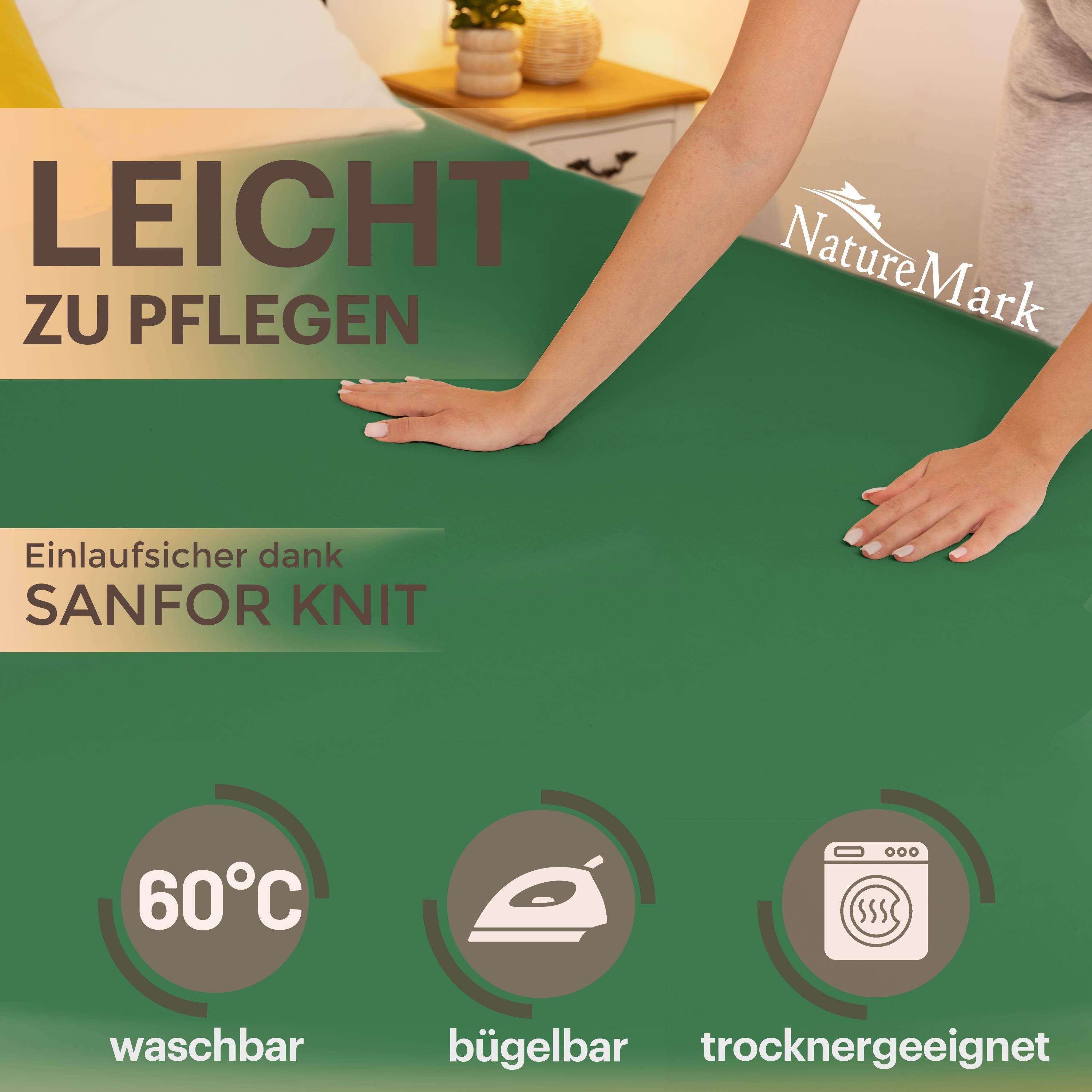 NatureMark Spannbettlaken Boxspringbett Spannbetttuch 200x220cm, Baumwolle, Gummizug: rundum, (1 Stück), 40 cm Steghöhe - 200 x 220cm Spannbetttuch, Dunkelgrün – Bild 3 von 5