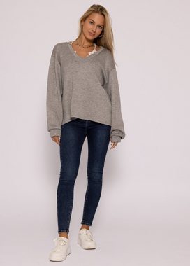 SASSYCLASSY V-Ausschnitt-Pullover Oversize Sweatshirt Damen aus weichem Feinstrick Lässiger Strickpullover mit V-Ausschnitt, Damen Pullover mit extra langen Ärmeln, Made in Italy