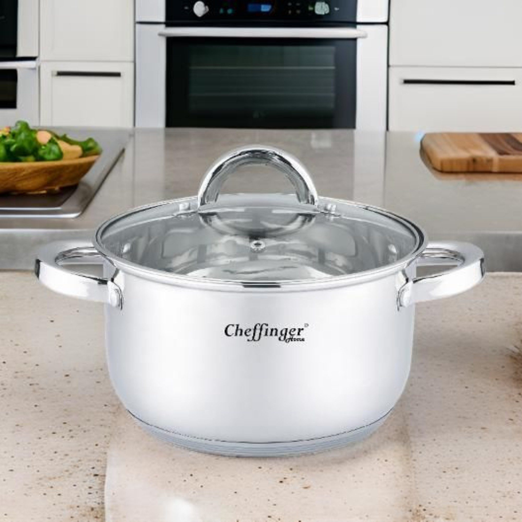 Cheffinger Kochtopf mit Glasdeckel geeignet für alle Herdarten aus hochwertigem Edelstahl