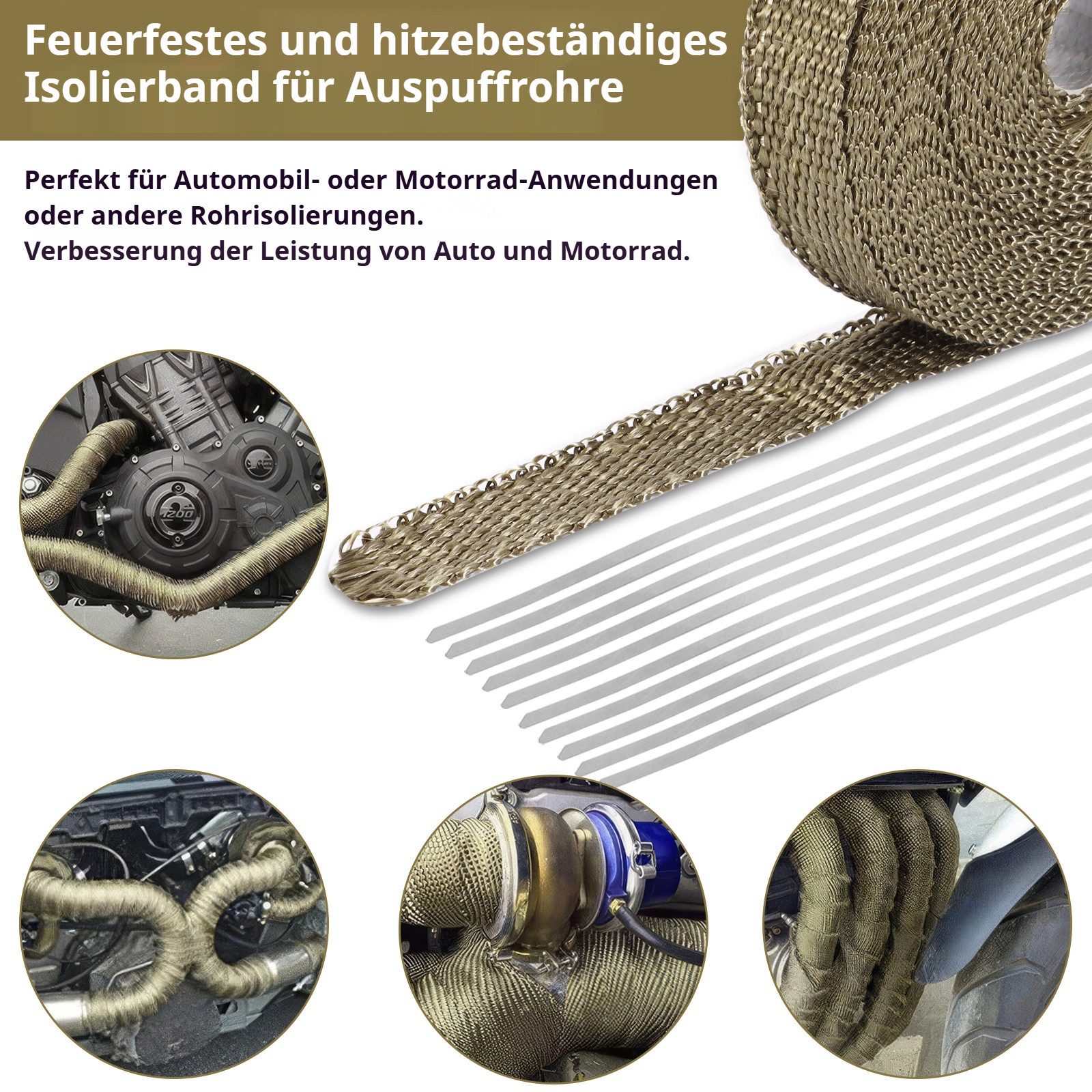 BlingBin Auspuff-Flexrohr Hitzeschutzband Basaltfaser Auspuffband mit Kabelbindern, (1er set, 1-tlg), Für Auspuffanlagen, Krümmer und alle wärmedämmenden