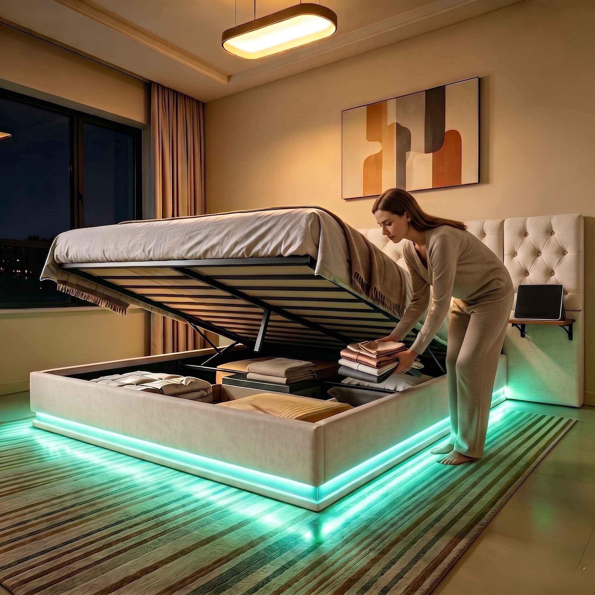 PXloue Polsterbett Modernes Polsterbett mit LED-Beleuchtung (Chesterfield-Design), Bettkasten, Ladefunktion, Leinen, 140x200 cm