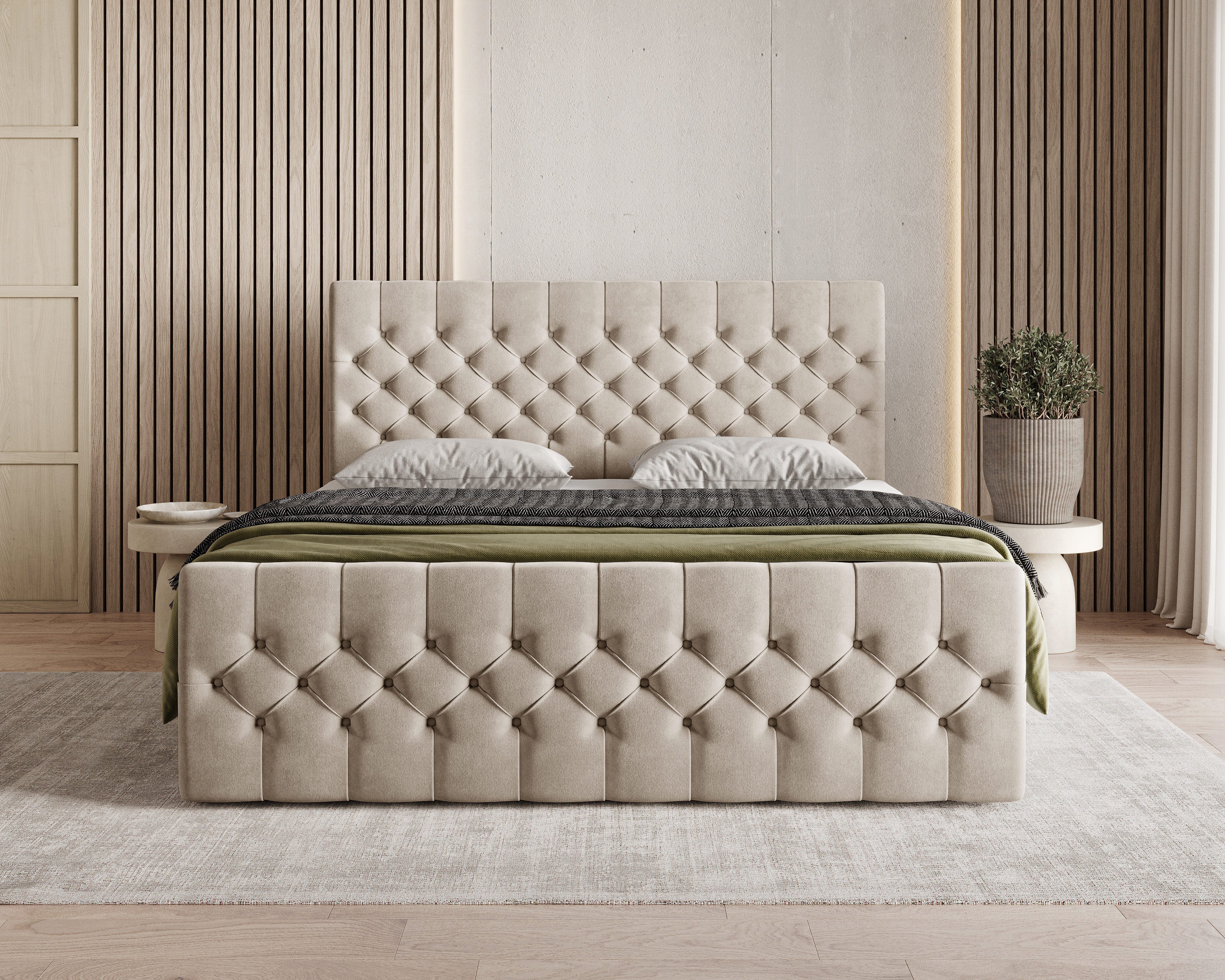 MOEBLO Boxbett Bett 12 (Luxusbett im Chesterfield-Design, 140x200 cm, Velours-Bezug, Hoher Schlafkomfort, modernes Velours-Design mit Steppung Polsterbett Kontinentalbett, dekorativem Kopfteil, aus Samt, inklusive Topper und Bettkasten), (BxHxT):144/164/184x113x223 cm