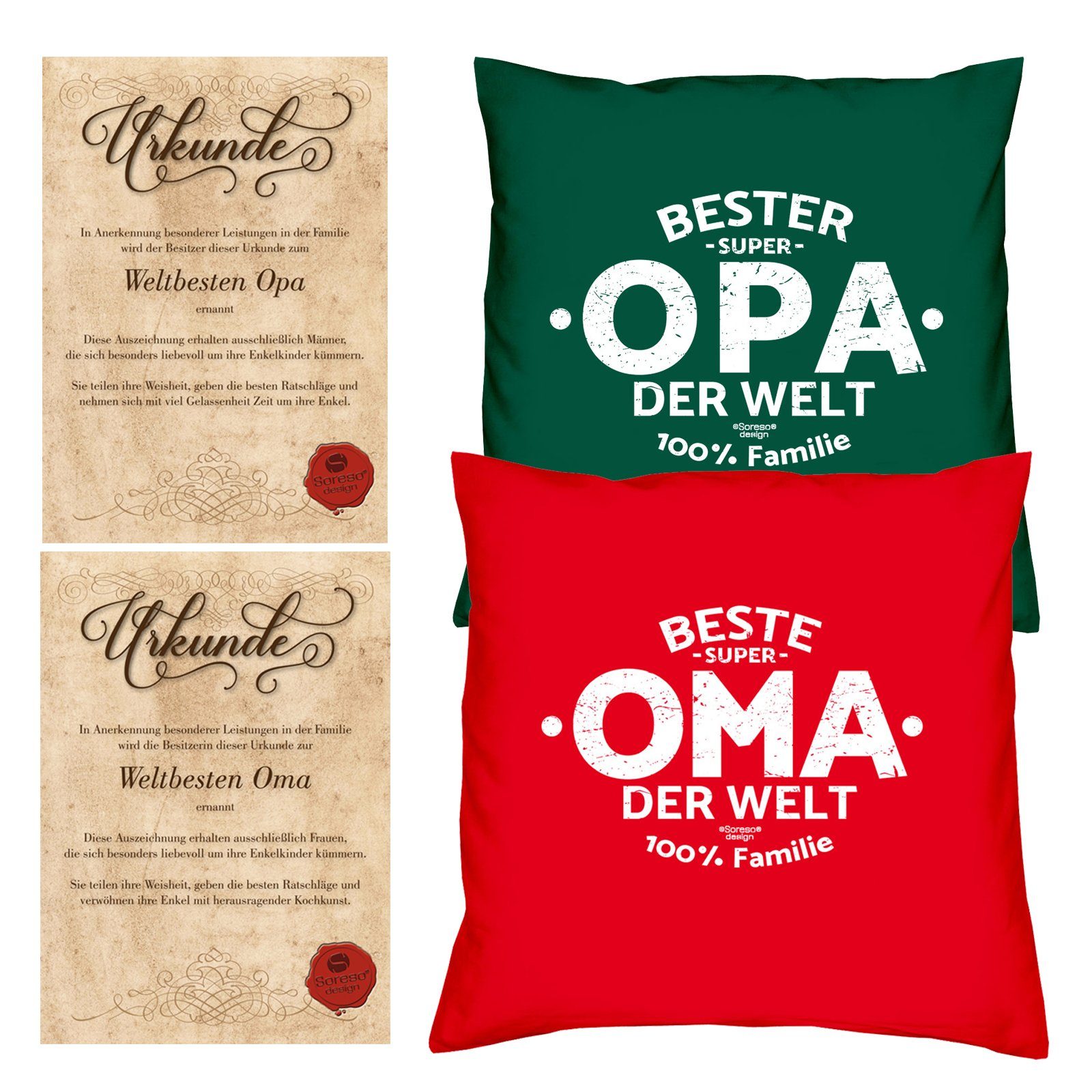 Soreso® Dekokissen Kissen-Set Beste Oma der Welt Bester Opa der Welt mit Urkunden, Weihnachtsgeschenk für Großeltern dunkelgrün