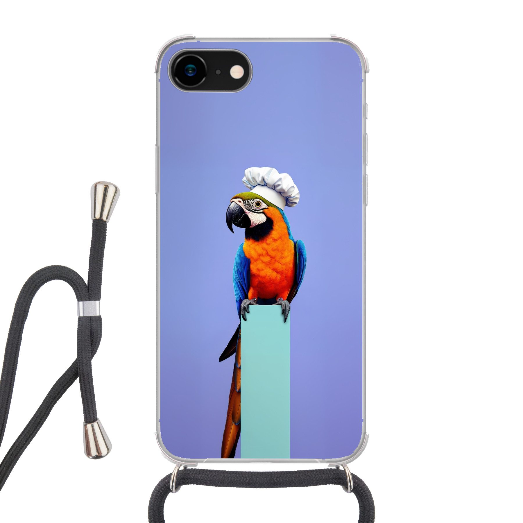 MuchoWow Handyhülle für Apple iPhone 7 Papagei - Kochmütze - Vogel - Spaß, Tragbare Handyhüllen mit Kette zum umhängen, Handykette Handyband
