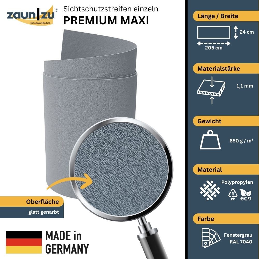 Thumbnail - zaunzu Sichtschutzstreifen Premium Maxi für Doppelstabmatten 24cm hoch Fenstergrau 2,05m, (1x Einzelstreifen, 24cm hoch,...