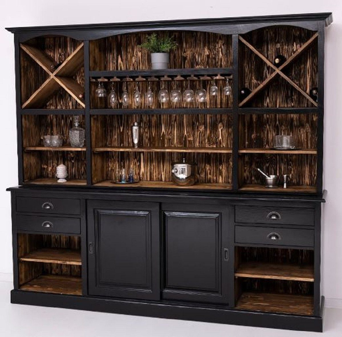 Barschrank Landhausstil Barschrank Schwarz / Dunkelbraun 240 x 50 x H. 210 cm - Massivholz Weinschrank im Landhausstil - Landhausstil Bar Möbel
