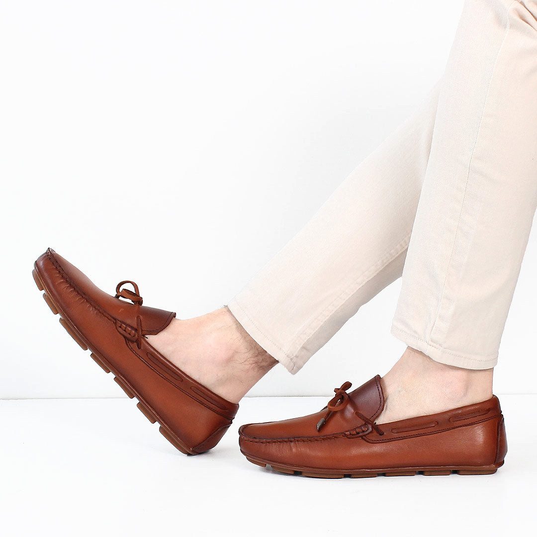 Celal Gültekin Mokassin Autofahrerschuh Karreekappe Slipper Herren Loafer Glattleder, Schleife, Leder-Futter, Cognac, 41