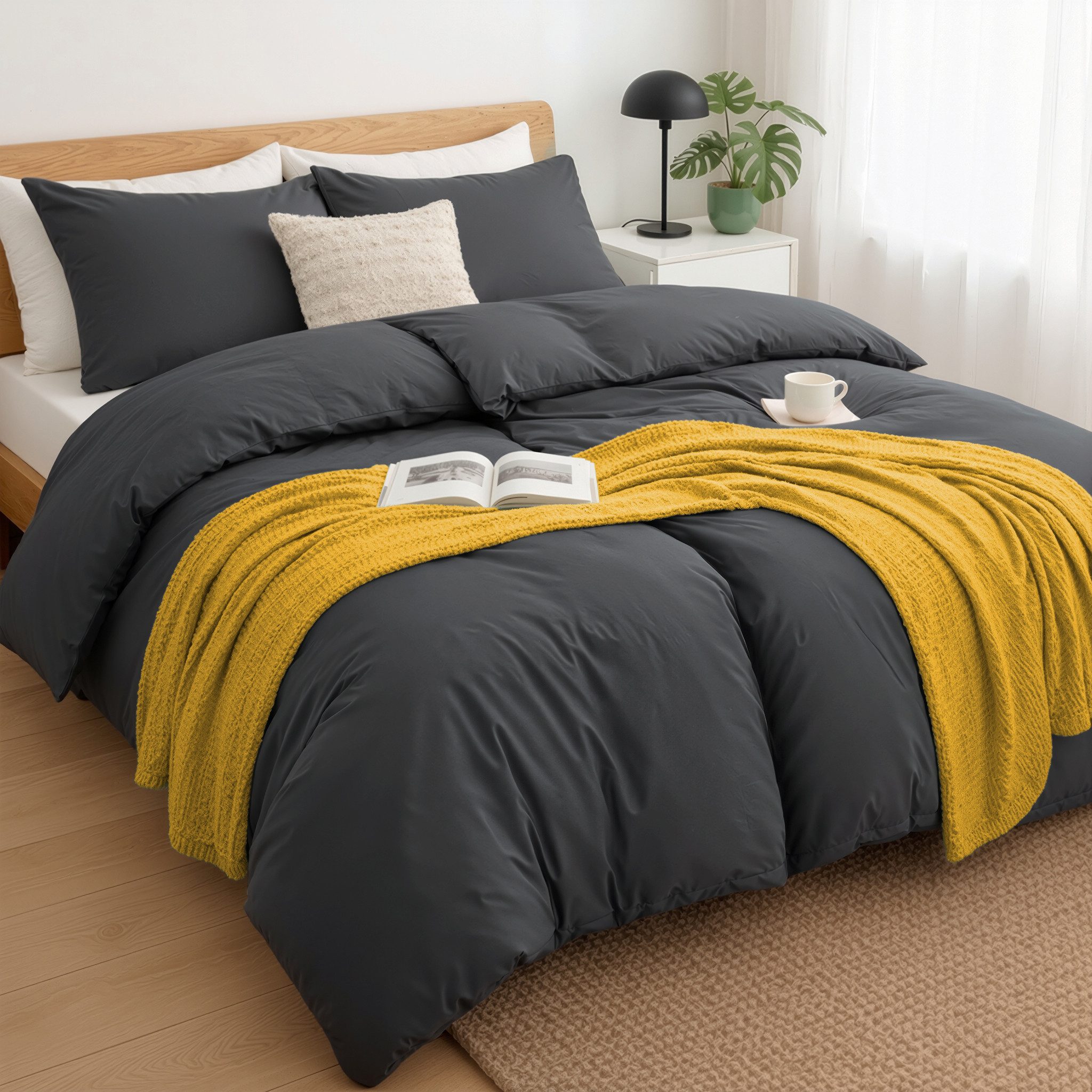 Slummer Bettwäsche Baumwolle Set 4teilig Gr. 135x200 oder 155x220 cm anthrazit grau uni, Baumwolle, 4 teilig, incl. Kissenbezug 80x80, YKK-Reißverschluss, Sommerbettwäsche