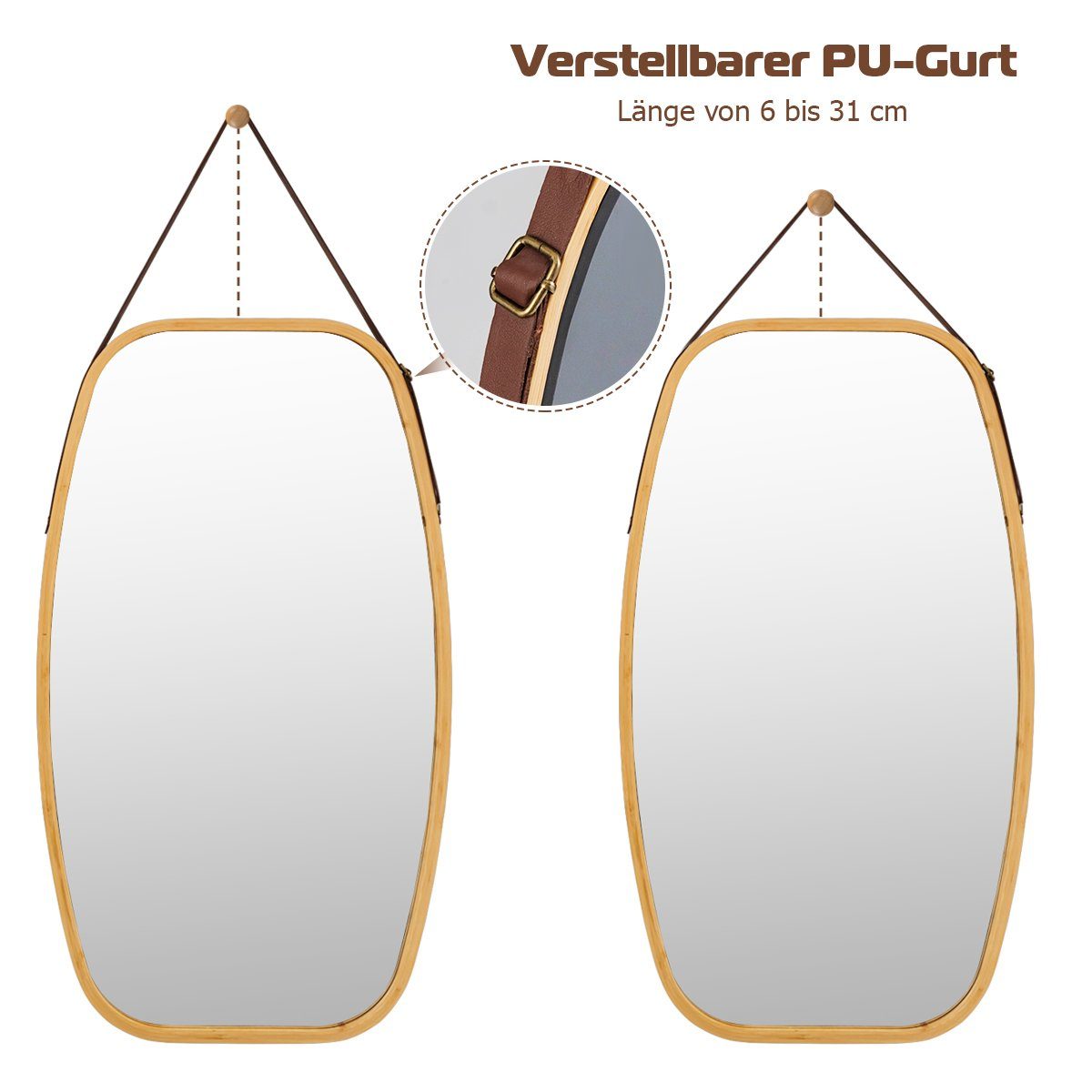 COSTWAY Wandspiegel, mit Bambus-Rahmen und verstellbarem Lederband