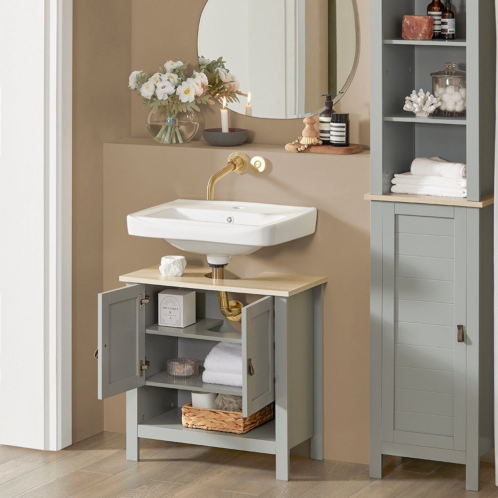 SoBuy Waschbeckenunterschrank BZR69, Badezimmerschrank Badschrank Waschtischunterschrank Waschtisch Schrank mit 2 Türen, verstellbare Ablage, viel Stauraum, fre – Bild 3 von 5
