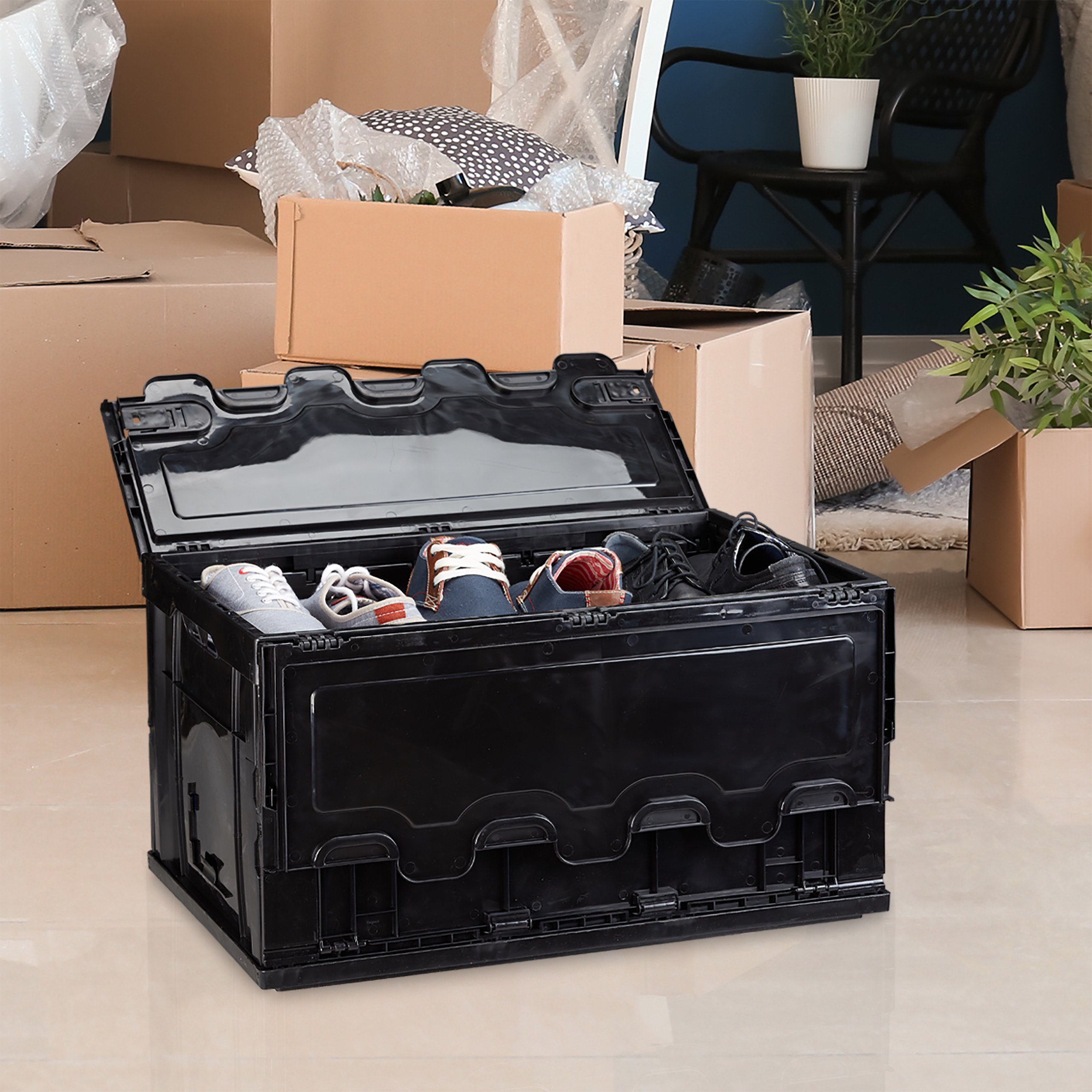 relaxdays Klappbox Transportbox 60 L mit Deckel, schwarz