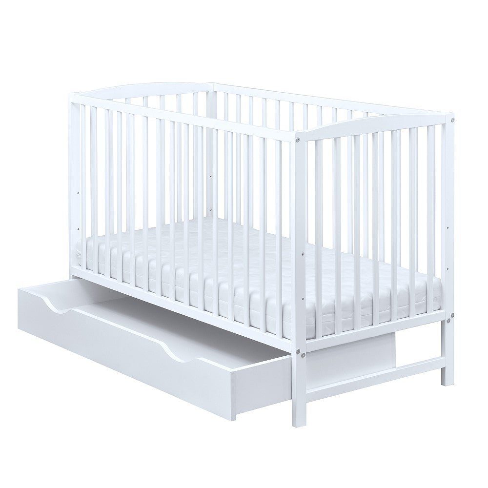 Baby-Delux Babybett Milo Bettkasten Schutzgitter, Kinderbett 60x120 cm weiß Schublade Barriere Kiefer Matratze