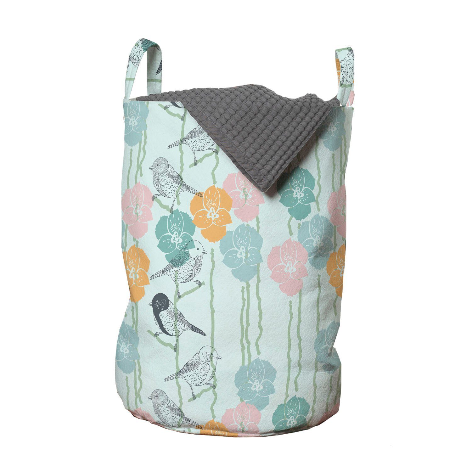 Abakuhaus Wäschesäckchen Wäschekorb mit Griffen Kordelzugverschluss für Waschsalons, Frühling Blumen und Vögel Nostalgie