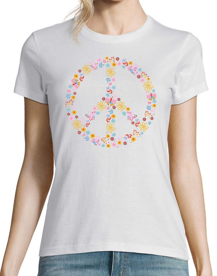 Youth Designz T-Shirt Peace Shirt Flowers Look Weiss Retro Trendigem Damen mit