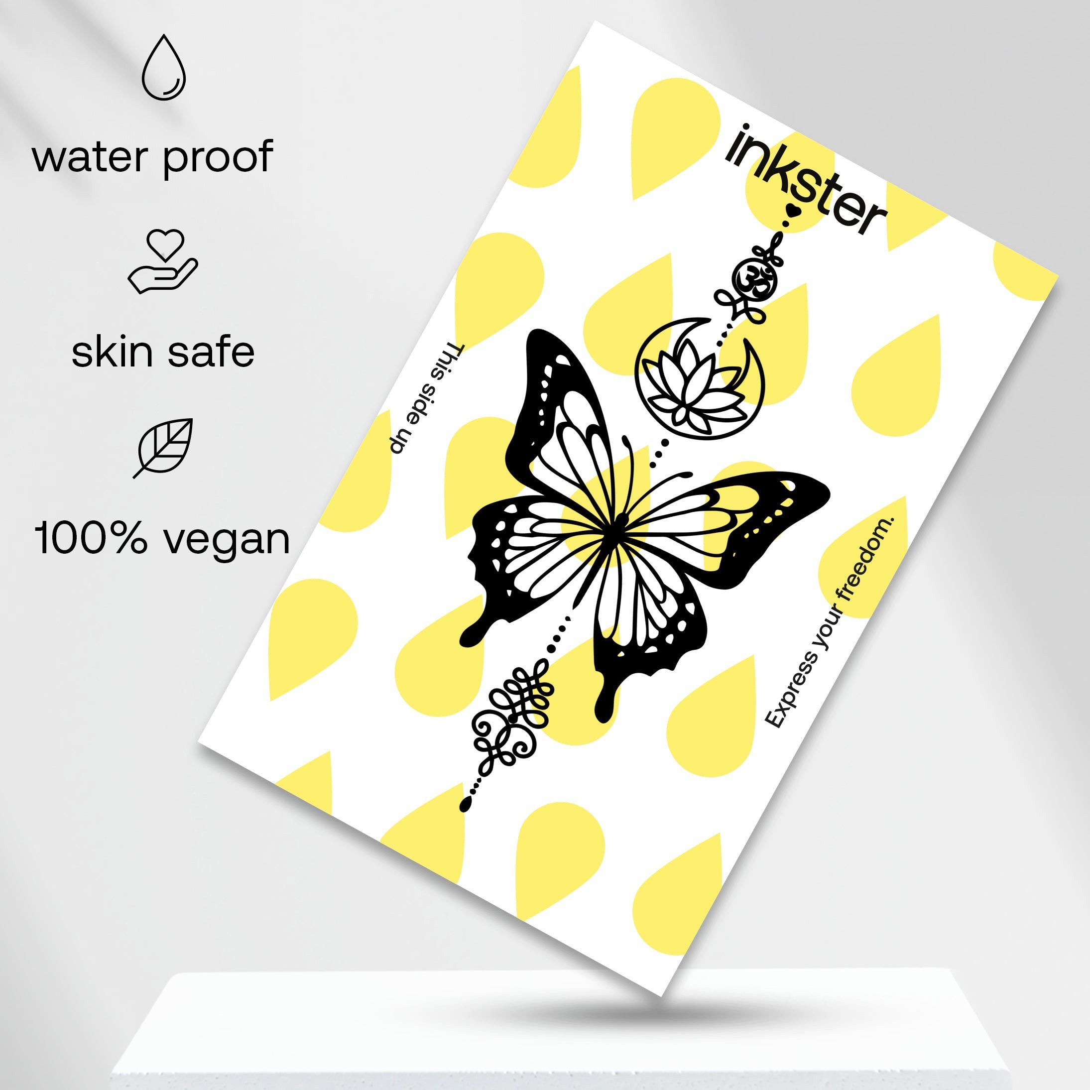 Inkster Schmuck-Tattoo Schmetterling mit Symbolen Tattoo, wasserfestes temporäres Tattoo, 2 Wochen Halt