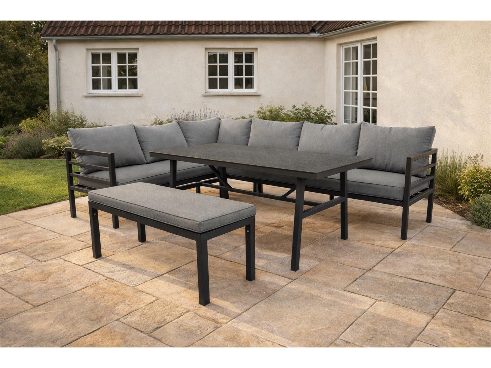 Green Spirit Loungeset »San Menaio« Lounge Set Ecklounge Loungemöbel Essgruppe Gartenmöbel, (Set, 4-tlg., eine Eckbank, eine Bank, ein Tisch), Aluminium, grau, 8 Personen, wetterfest - Garten, Terrasse & Outdoor