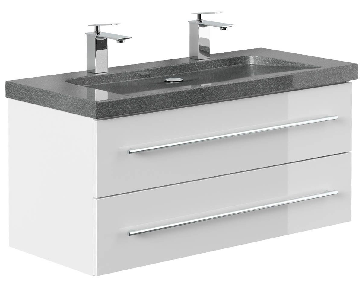 Posseik Waschtisch-Set Bad Doppel-Waschtisch NATURE 100cm, Granit-Becken, weiß hochglanz, (Badmöbel Set, 1-St., Waschtisch Set)