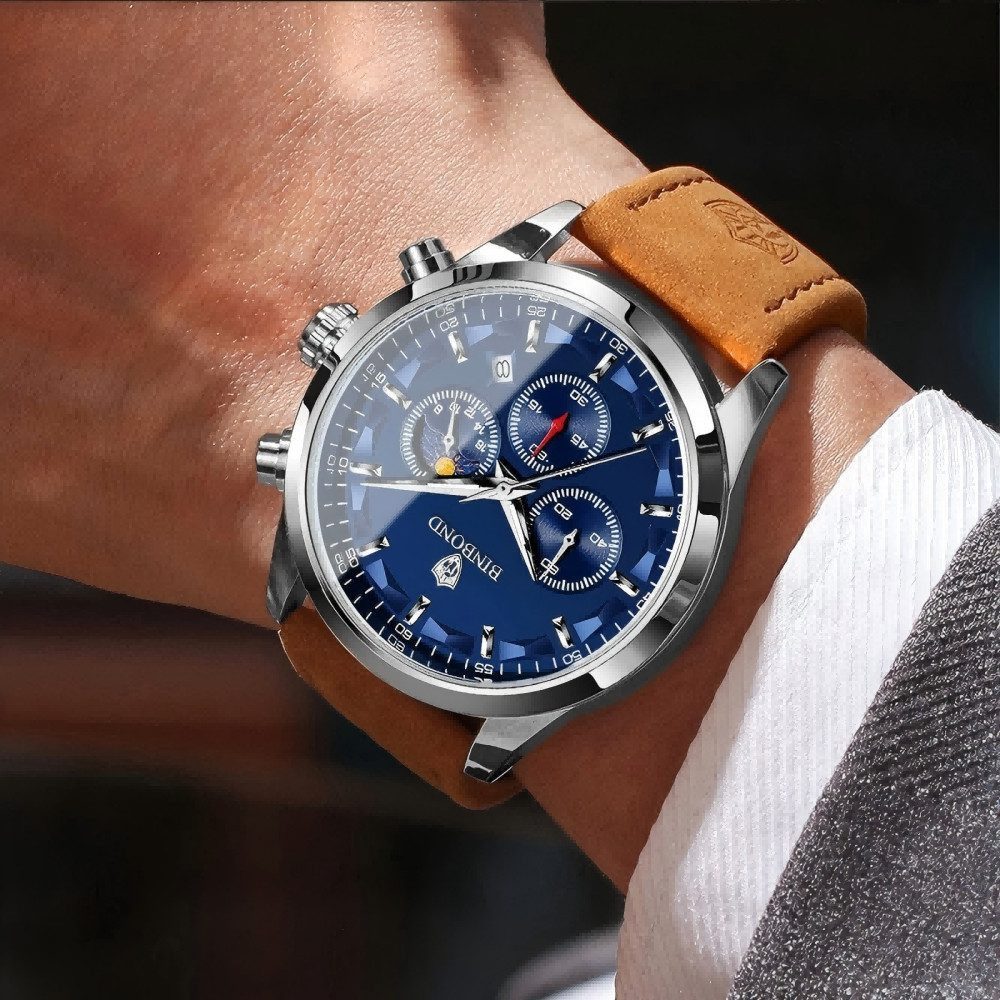 Fyrove Quarzuhr Herrenuhr Chronograph 42 mm mit Lederarmband, Datum, Leuchtzeigern, (Mineralglas, Quarzwerk, 3 ATM), analoge Armbanduhr für Business & Freizeit