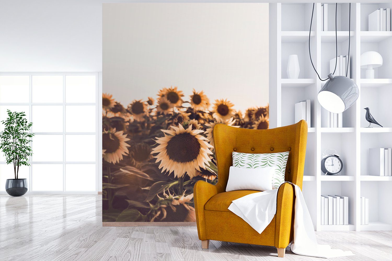 MuchoWow Fototapete Sonnenblumen - St), Wandtapete Tapete - für Matt, bedruckt, Vinyl Feld Montagefertig Blumen Gelb, - - Sonnenuntergang Wohnzimmer, (4
