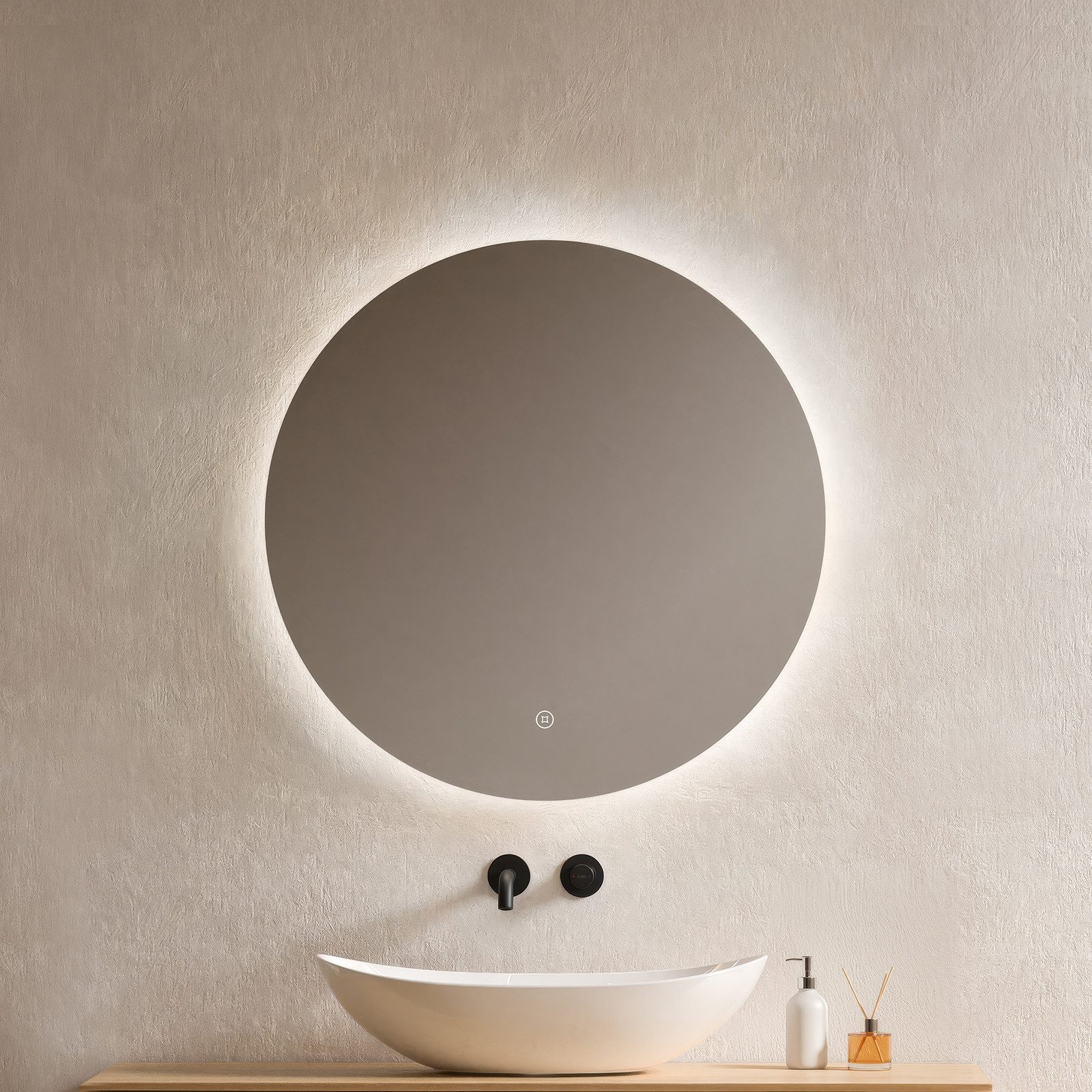 EMKE Badspiegel Runder Wandspiegel mit LED-Beleuchtung ohne Rahmen, Dimmbar Modern (50~80cm, Touchschalter), Kaltweiß Licht, Dimmbar, Memory Funktion, IP44