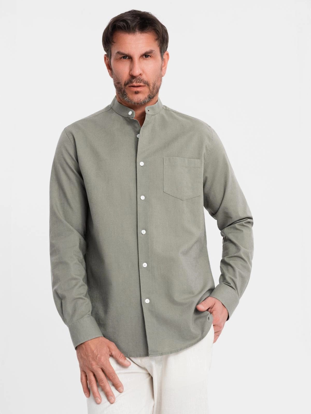 OMBRE Langarmhemd Herren Leinenhemd mit Stehkragen und Tasche REGULAR FIT günstig online kaufen
