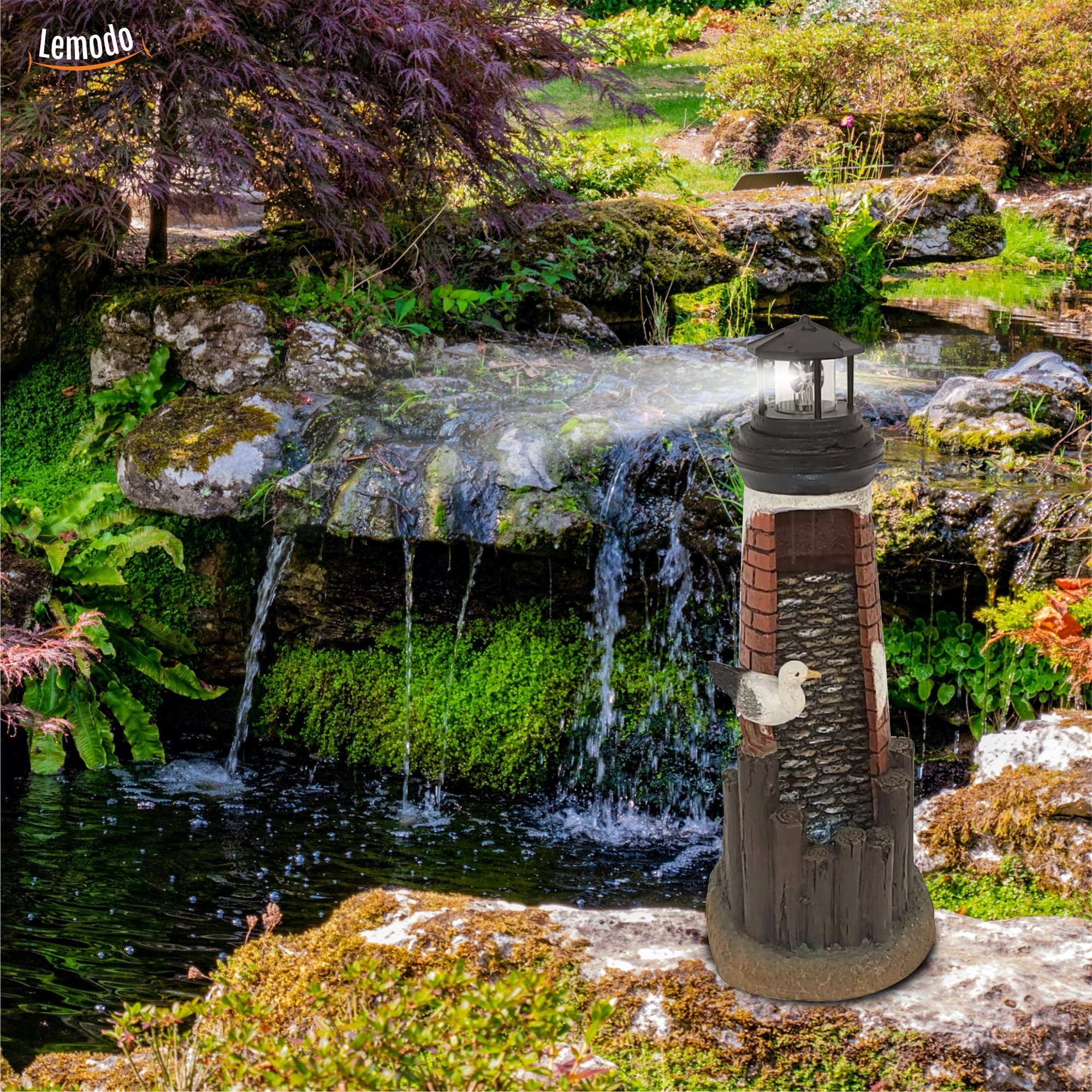 Komplettset Wasserspiel NATIV Breite, Pumpe cm rotierender mit Leuchtturm Leuchte, 25,00 Gartenbrunnen mit