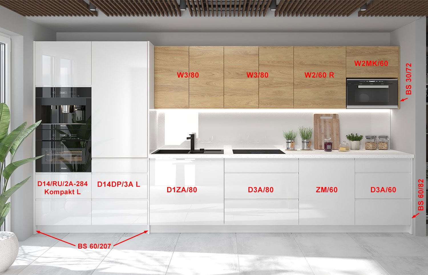 Feldmann-Wohnen Küchenzeile Avellino, (HETTICH Vollauszug, Soft-Close-Funktion, mit Arbeitsplatte), 406x60x207cm weiß Front weiß Hochglanz - Hickory Natur