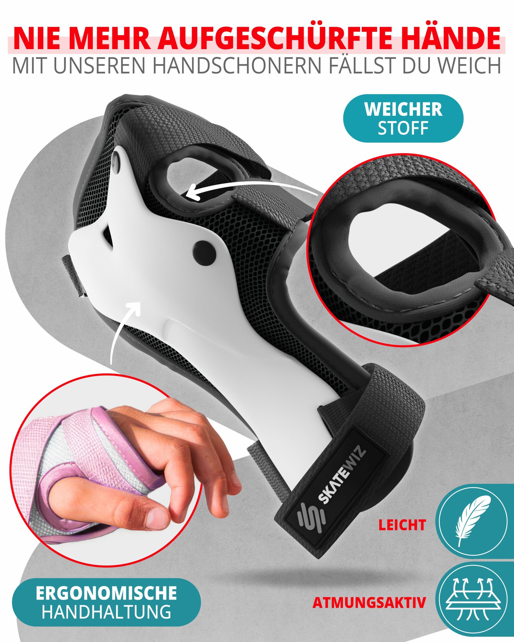 SKATEWIZ Protektoren-Set SMASH Knieschoner Kinder Inliner Schoner Erwachsene Protektoren Set (Schonerset Inliner skates Mädchen Schützer, 6-tlg., Inliner Schone – Bild 3 von 5