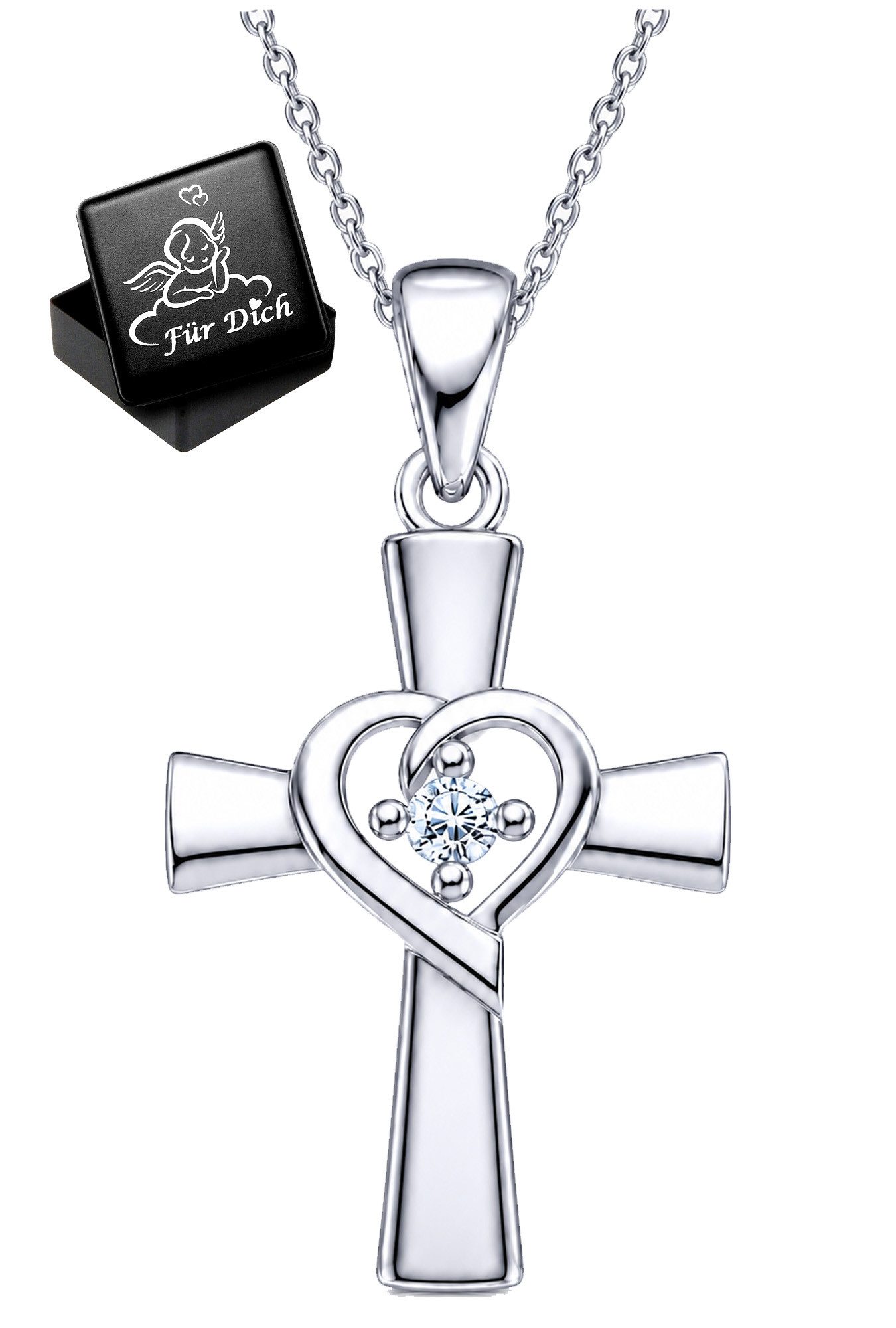 Limana Kette mit Anhänger Herzkreuz Mädchen 925 Silber Zirkonia Schmuck Geschenk (Kinder Halskette inkl. Dose), Geburtstag Einschulung Schulanfang Kommunion Weihnachten Konfirmation