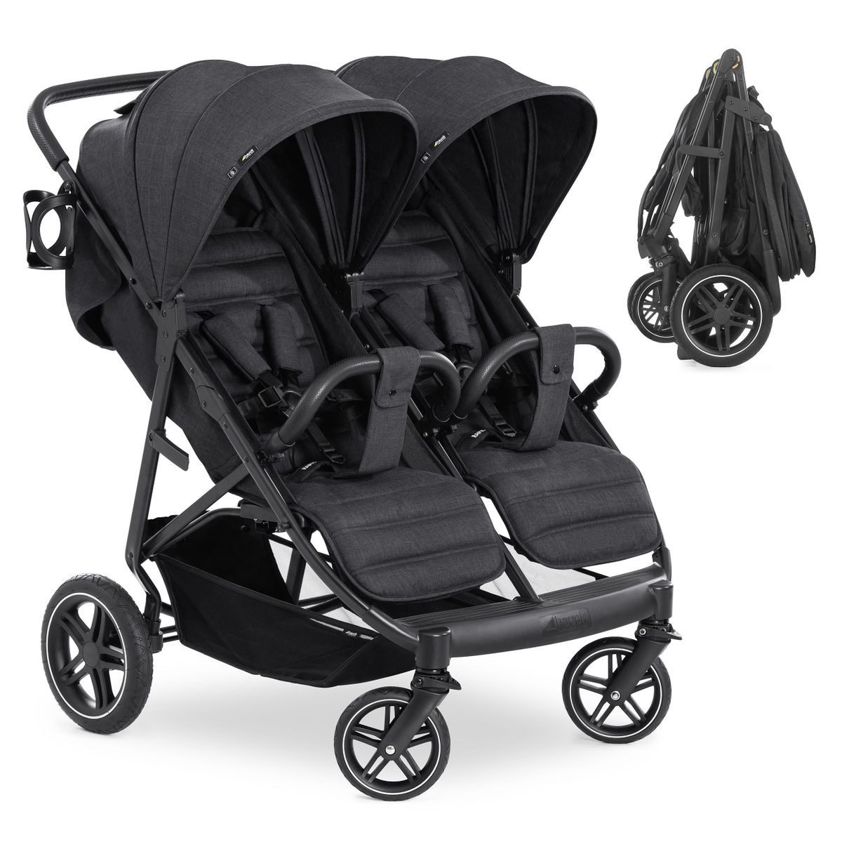 Hauck Zwillingsbuggy UpTown Duo - Melange Black, Zwillingsbuggy Geschwisterbuggy mit Liegefunktion & Getränkehalter schwarz