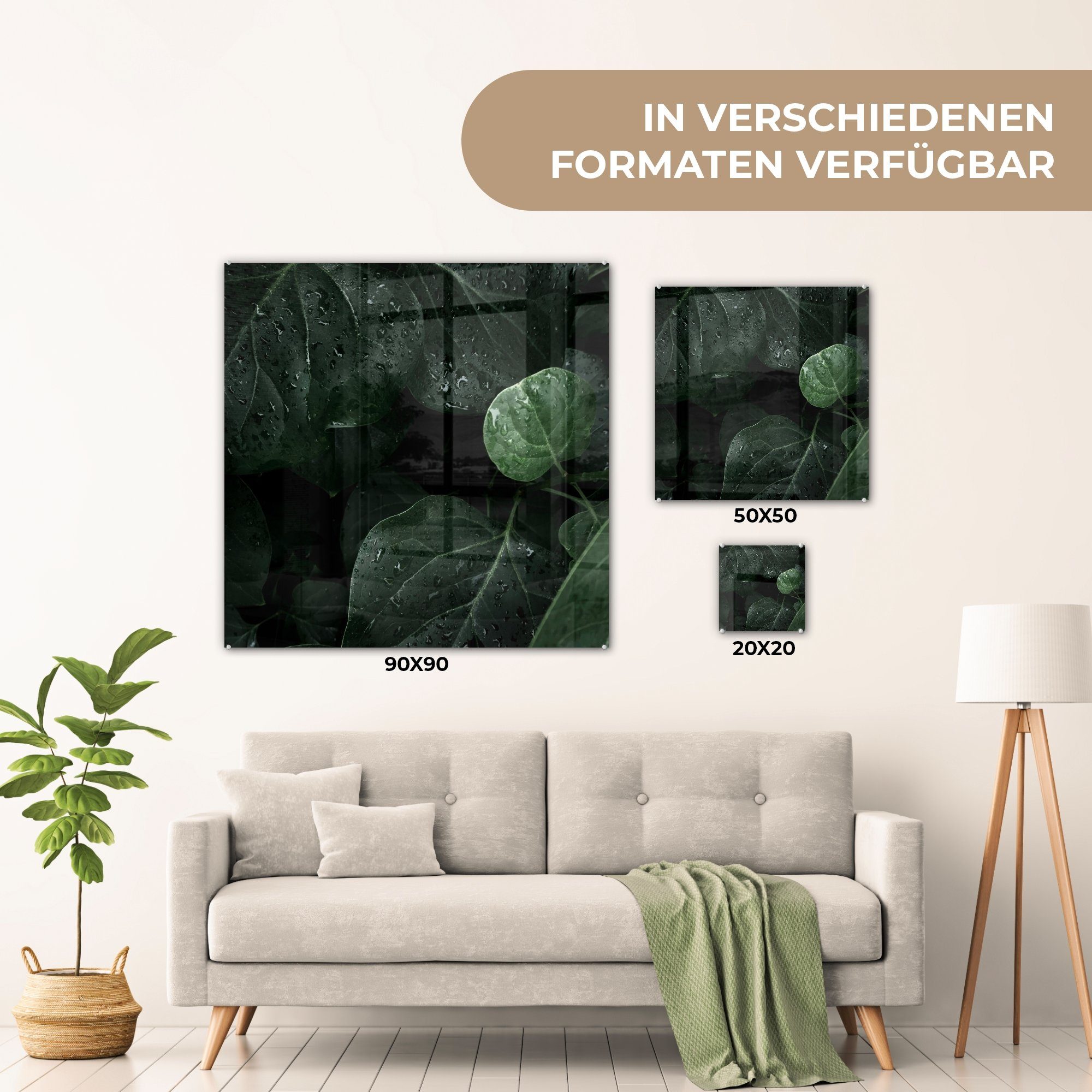 St), Bilder Foto Glas Blättern, Wanddekoration Glasbilder Nahaufnahme - MuchoWow Acrylglasbild - Regentropfen Wandbild auf (1 - auf von Glas großen auf