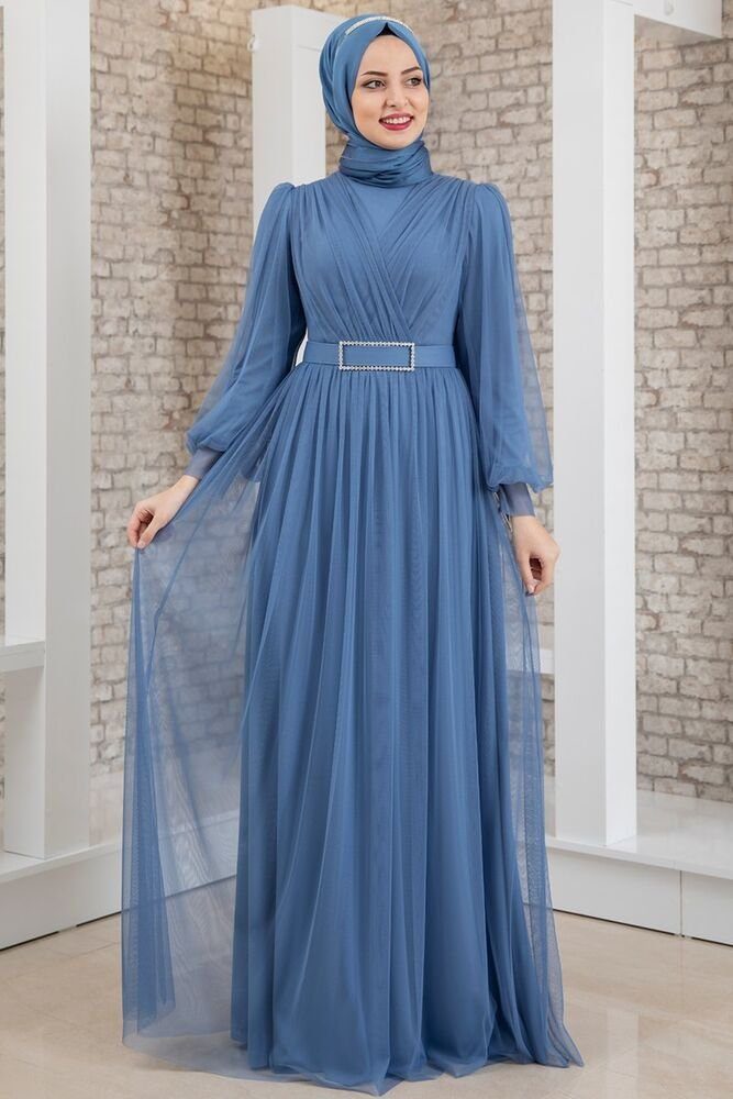 Modavitrini Abendkleid Damen Tüllkleid Abiye Abaya Hijab Kleid langärmliges Maxikleid mit Gürtel Indigo-Blau