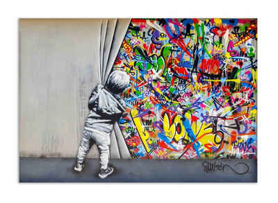 Leinwando Leinwandbild Banksy junge hinter dem Vorhang / boy behind the curtain Graffiti streetart Bilder