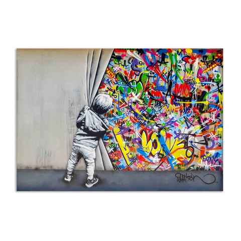 Leinwando Leinwandbild Banksy junge hinter dem Vorhang / boy behind the curtain Graffiti streetart Bilder