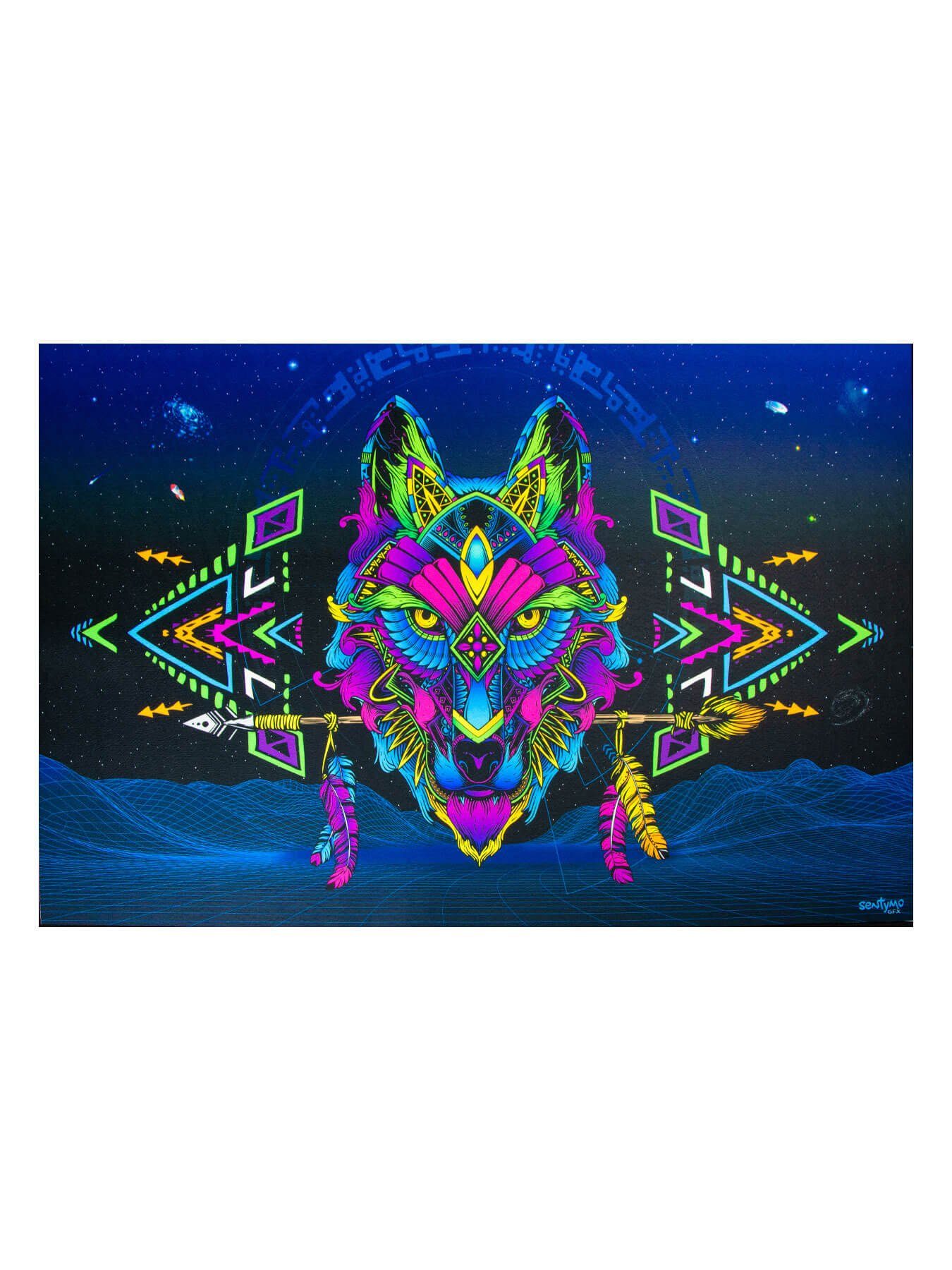 Läufer Schwarzlicht Bodenbelag Neon "Sentymo Wolf", 0,9x1,5m, PSYWORK, rechteckig, UV-aktiv, leuchtet unter Schwarzlicht