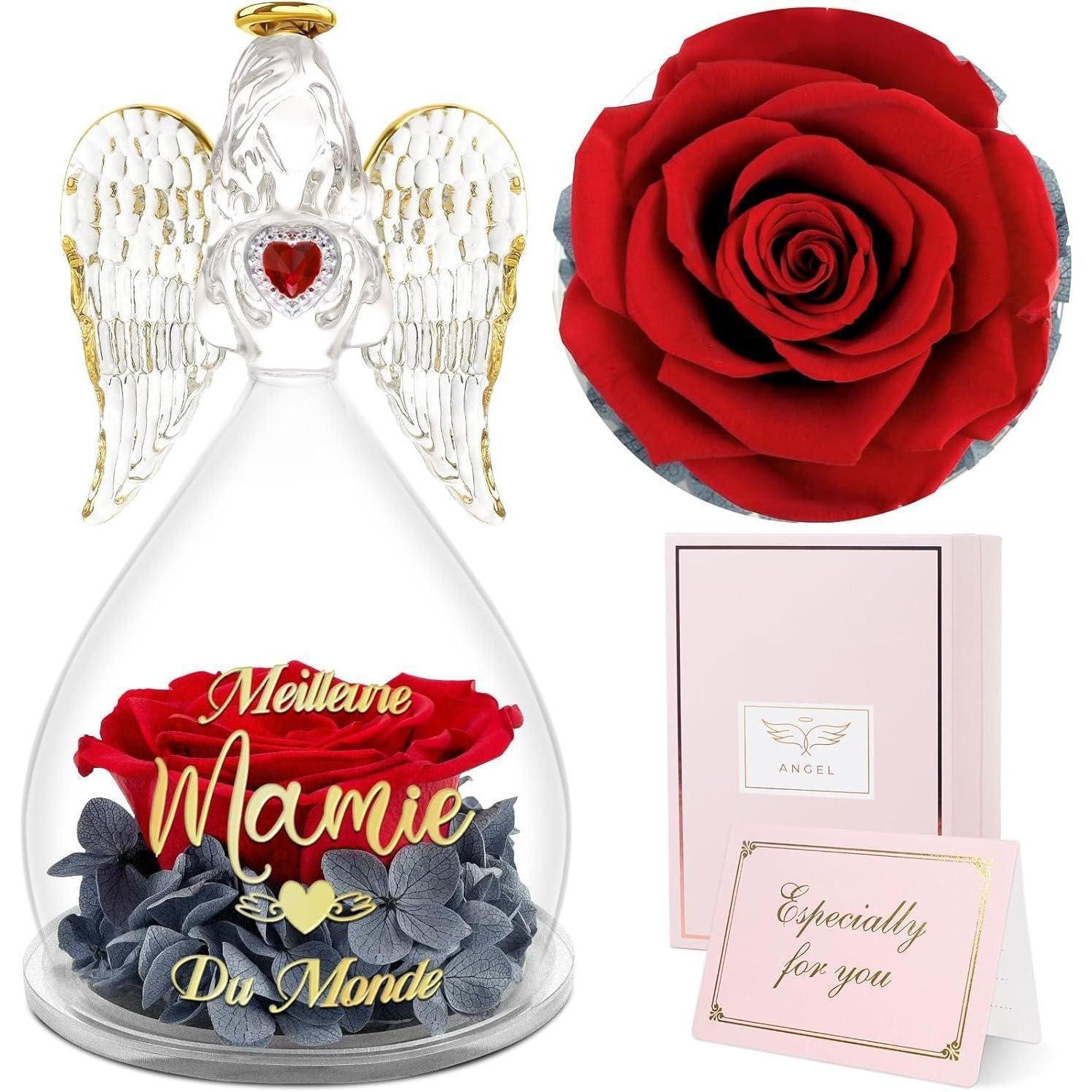 LuxusKollektion Schmuckset Geschenk für Freundin Engel Figur Ewige Rose Glaskuppel beste Freundin