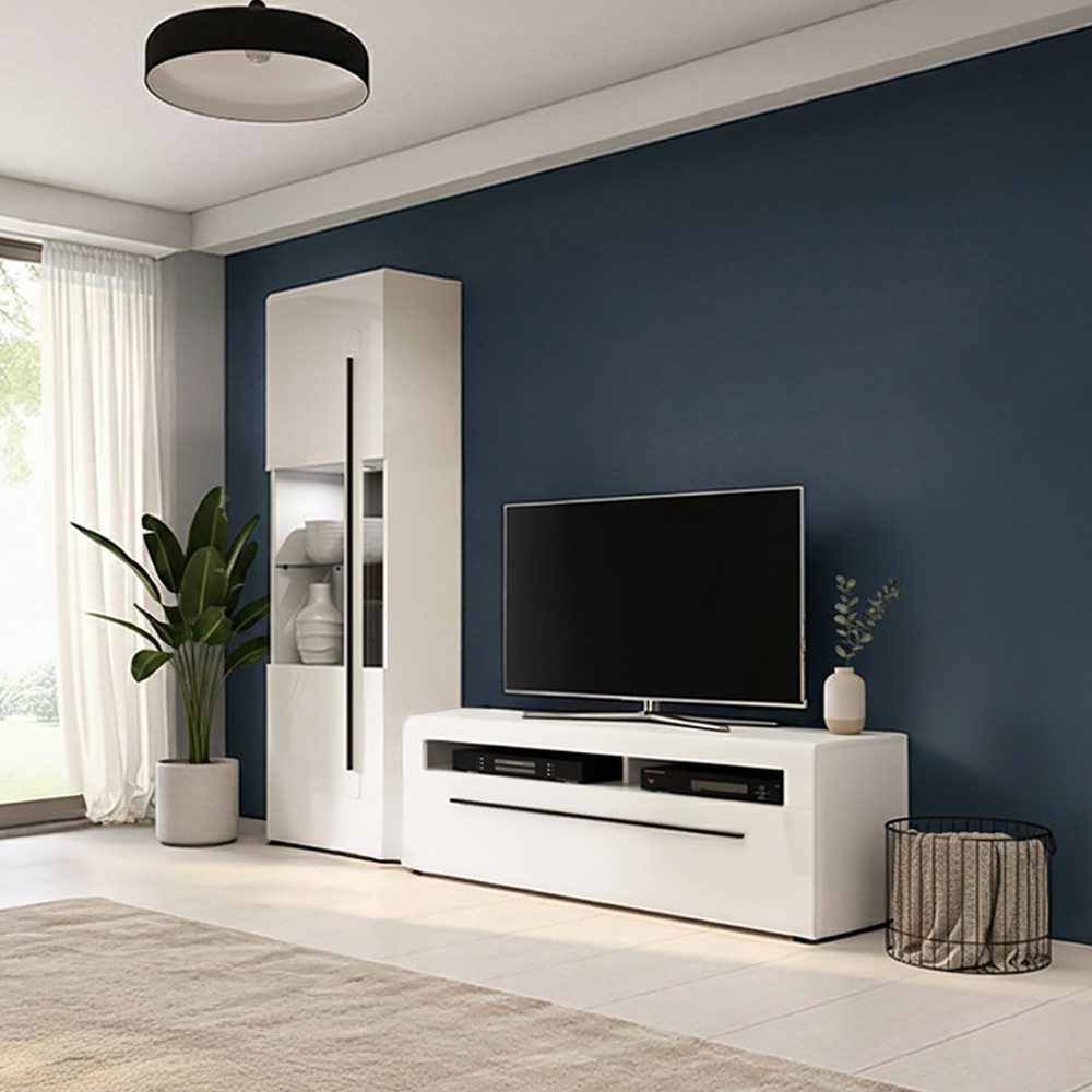Lomadox Wohnwand TURDA-83, (2-St., Couchtisch Highboard Lowboard Sideboard Vitrine Wandregal), weiß Hochglanz Metallgriffe schwarz modern LED Beleuchtung
