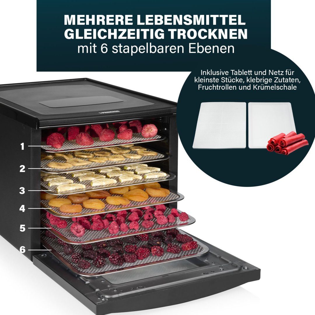PRINCESS Dörrautomat Princess 112398 Dörrgerät – Lebensmitteltrockner mit 6 Edelstahl-Einsc 650 W, BPA-frei – 6 Schalen