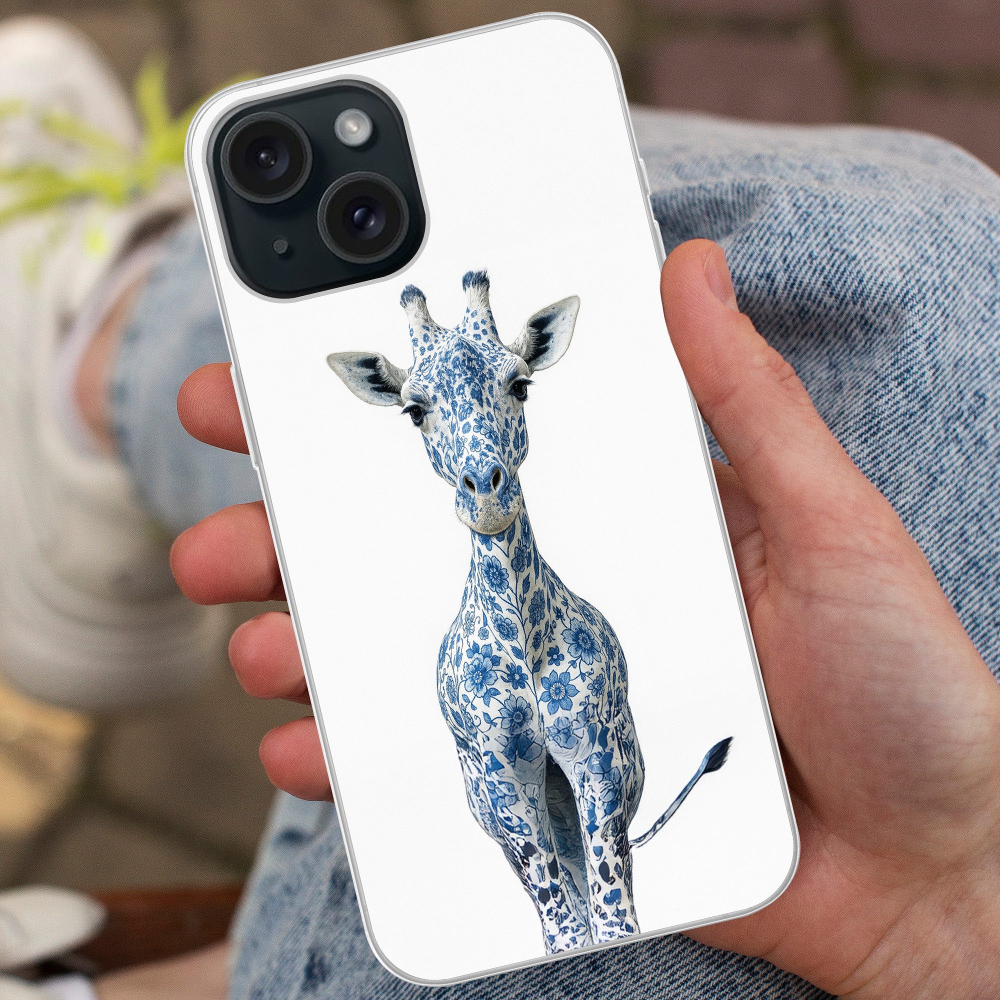 MuchoWow Handyhülle für Apple iPhone 15 Giraffe - Delfter Blau - Tiere - Minimalistisch, Smartphone-Bumper, Print, Handy Schutzhülle Dünn