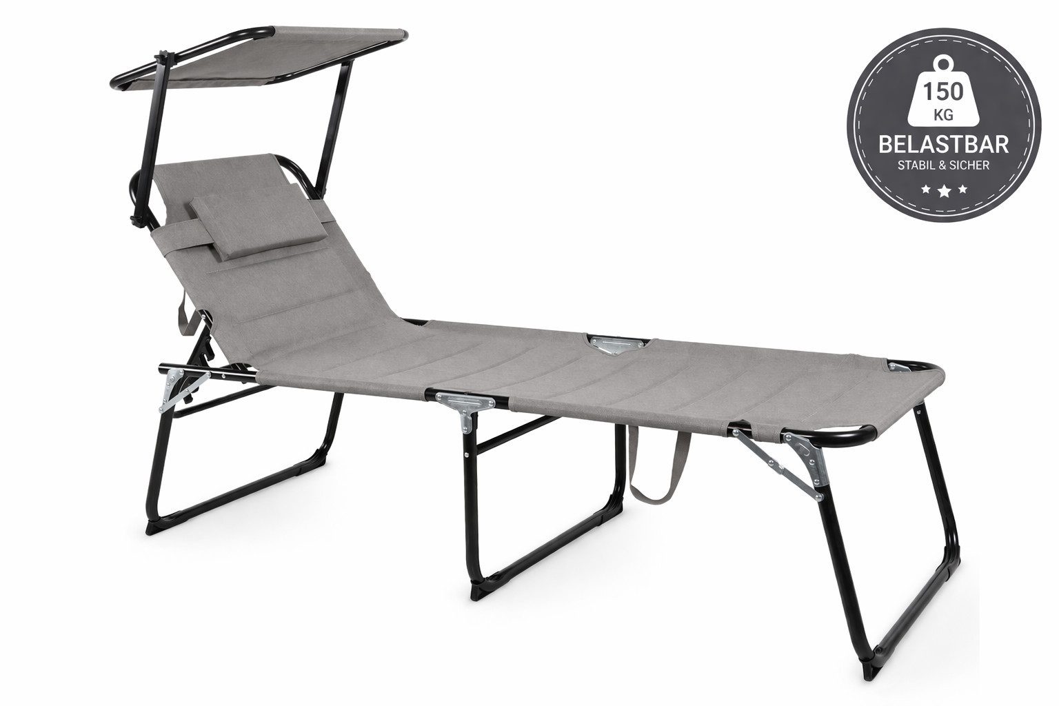 Linder Exclusiv GmbH Gartenliege Sonnenliege XXL klappbar mit Sonnendach Gartenliege verstellbar 150kg, Faltbare Gartenliege XXL mit Sonnendach, XXL Sonnenliege klappbar mit Sonnendach Gartenliege Relaxliege, 4-fach verstellbare Rückenlehne, klappbar, platzsparend, transportabel