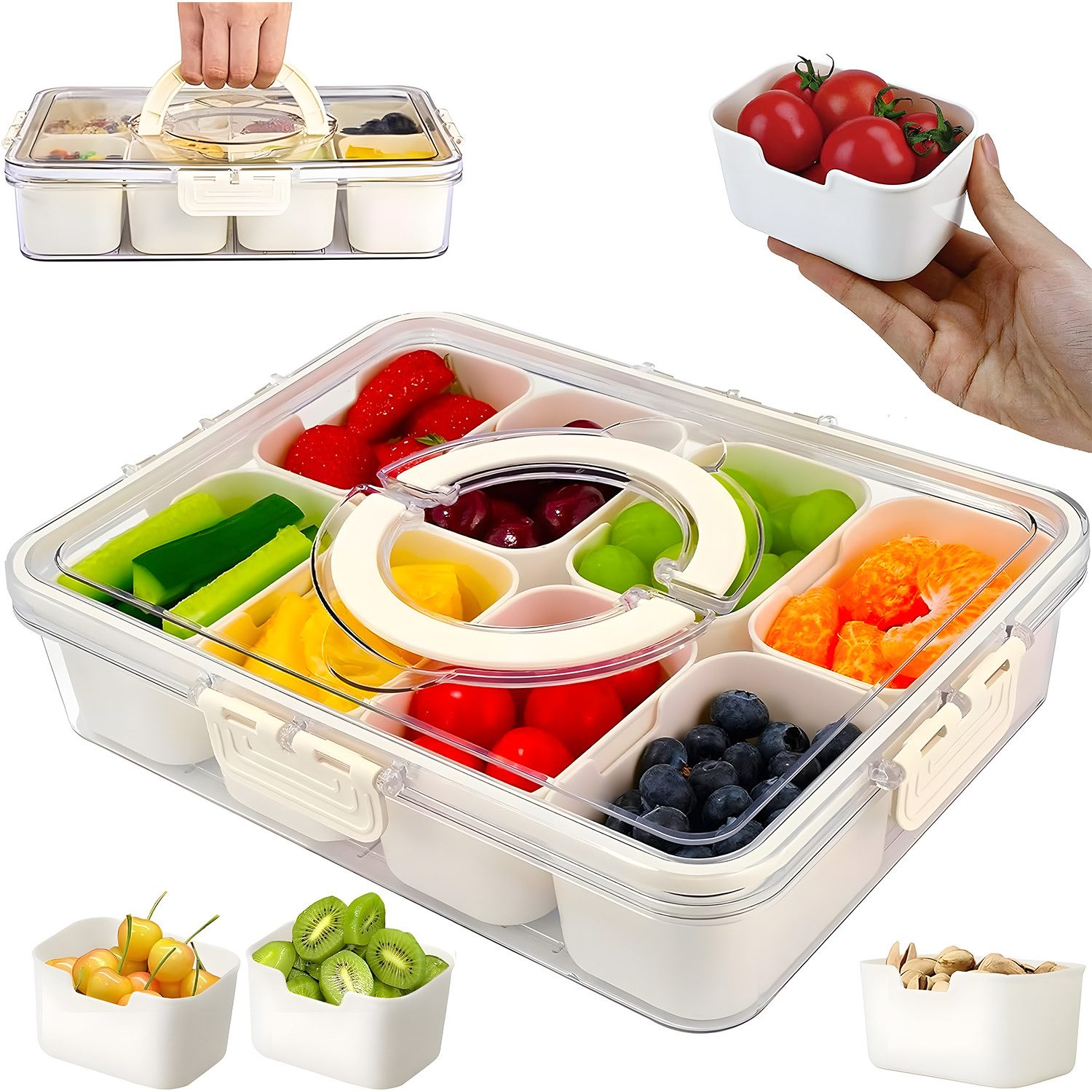 HEYHIPPO Frischhaltedose Snackbox 8 Fächer mit Deckel & Griff – 28×21×6,5 cm, für Obst & Nüsse, (Packung, Lebensmittelbehälter – versiegelter Snackcontainer, für Salat & Obst), Tragbare Klappbox für Snacks–ideal für Picknick & Party, transparent