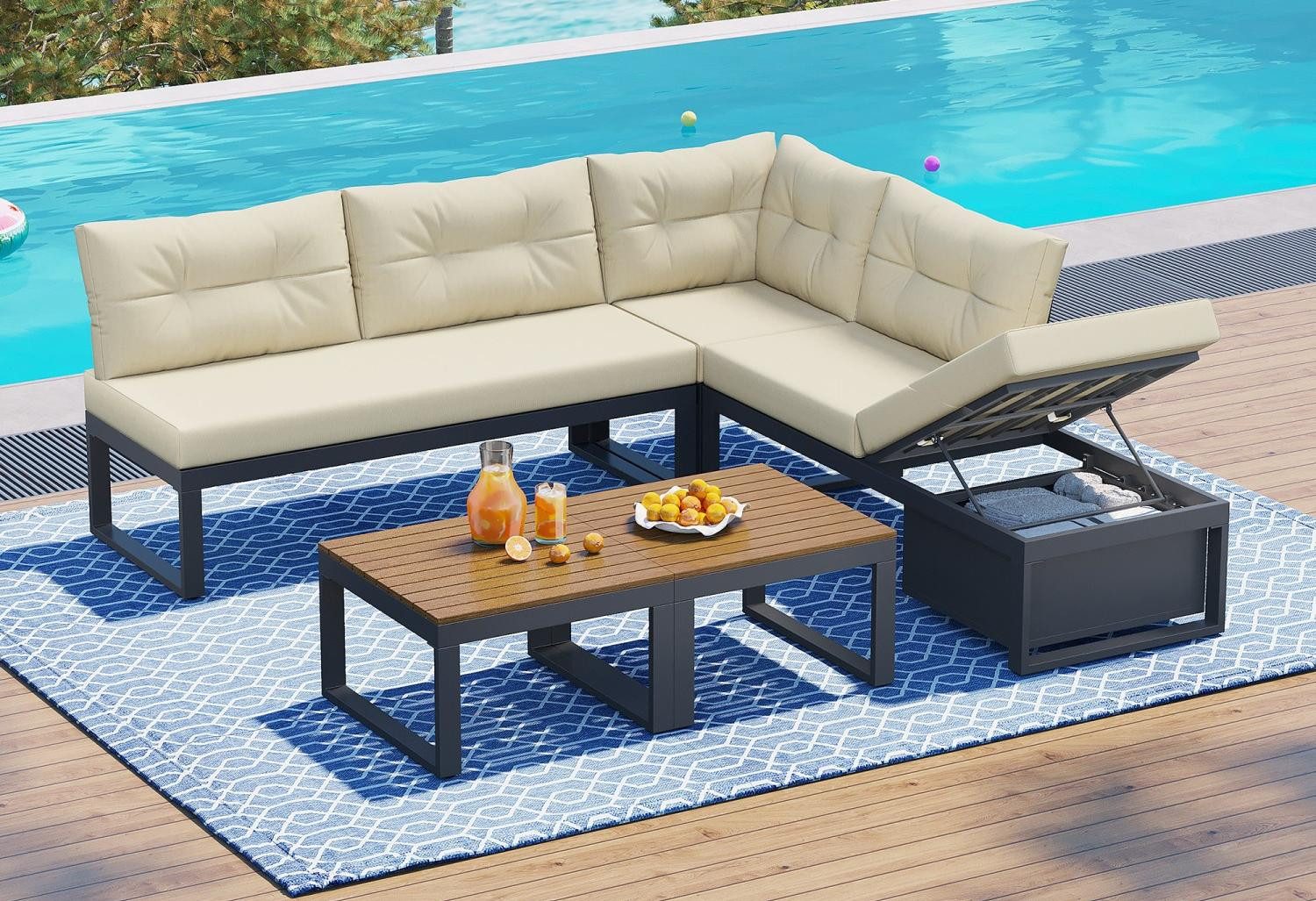 LVHOM Gartenlounge-Set kombinierbar L-/U-Form Gartenmöbel Set, XXL Metall Ecksofa, gepolstert, (1xSessel, 2x2er-Sofa(1x mit Stauraum/3-stufiger Liegefunktion), 2xTische(auch als Sitz/Hocker nutzbar), 5-tlg., Impragnierter Holz -Tischplatte, rostfrei, UV-beständig, wasserdicht), In-/Outdoor, Garten/ Wohnzimmer/ Terrassen/Pool, Hotellobbys/Ruhezonen