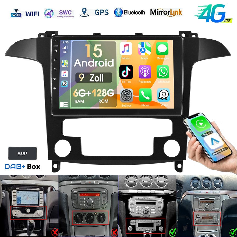 ESSGOO DAB+ 6+128GB Android 15 Autoradio 2 din Carplay GPS Für Ford S-Max WA6 Autoradio (6GB+128GB, RDS, 4G LTE, Digitalradio (DAB), FM, GPS, WIFI, SWC, Carplay Android Auto Bluetooth EQ USB GPS Navi WIFI Touchscreen)